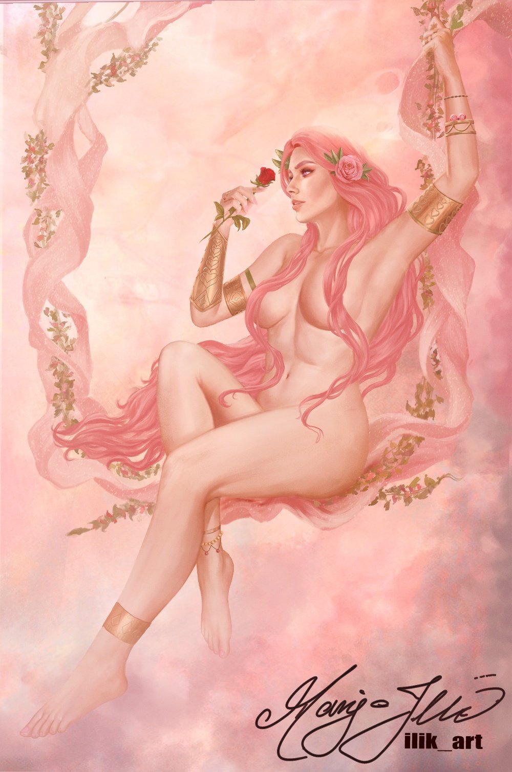 1girls, aphrodite, aphrodite (hades), casual, casual nudity, convenient censoring, dark skin, divine slut, female, goddess, hades (game), human, nude, nudist, pink hair, pinup, solo, very long hair