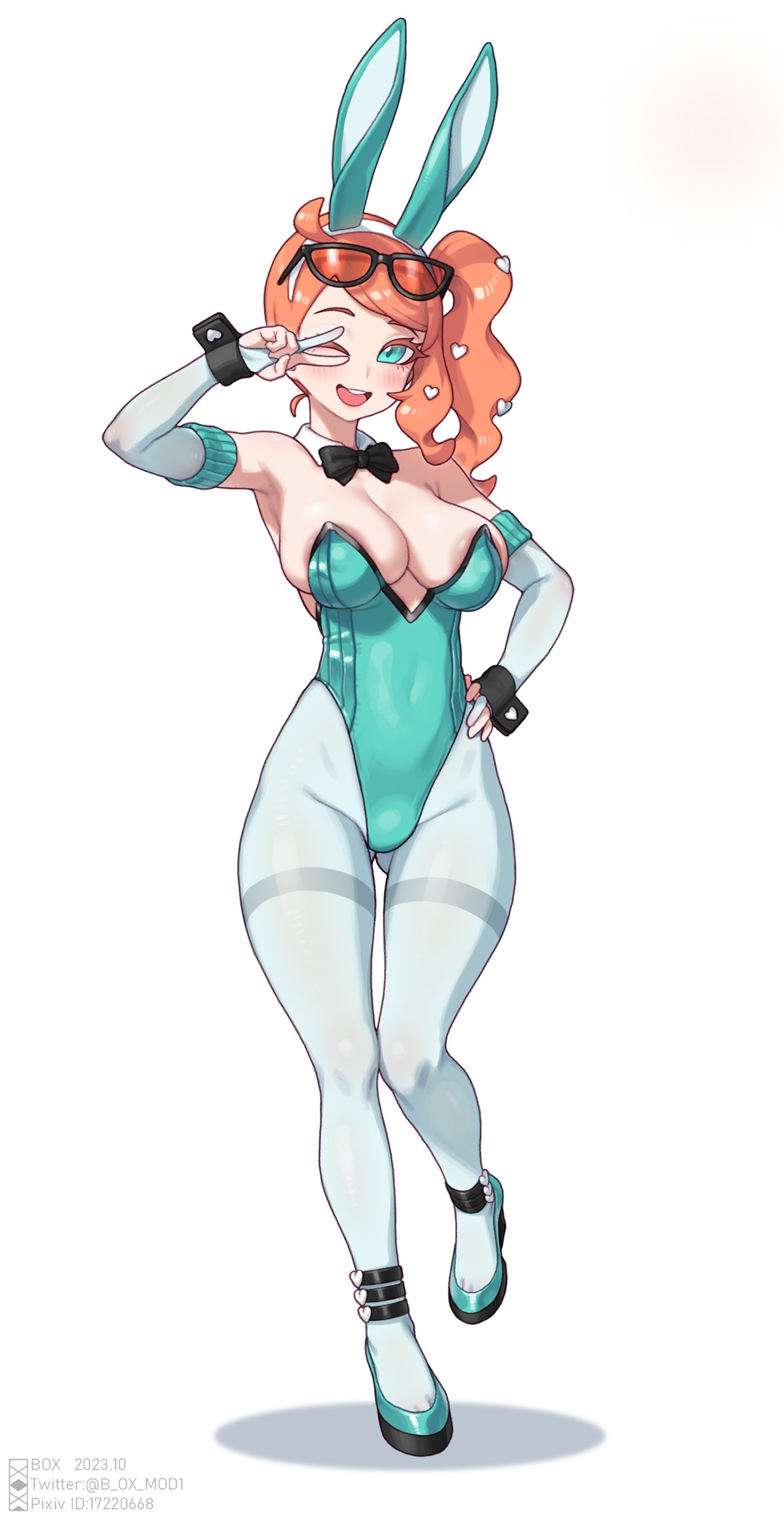 1girls, box20502017, breasts, bunny ears, bunnysuit, cleavage, female, green eyes, hand on hip, hi res, nintendo, orange hair, pokemon, pokemon ss, solo, sonia (pokemon), sunglasses, sunglasses on head, v