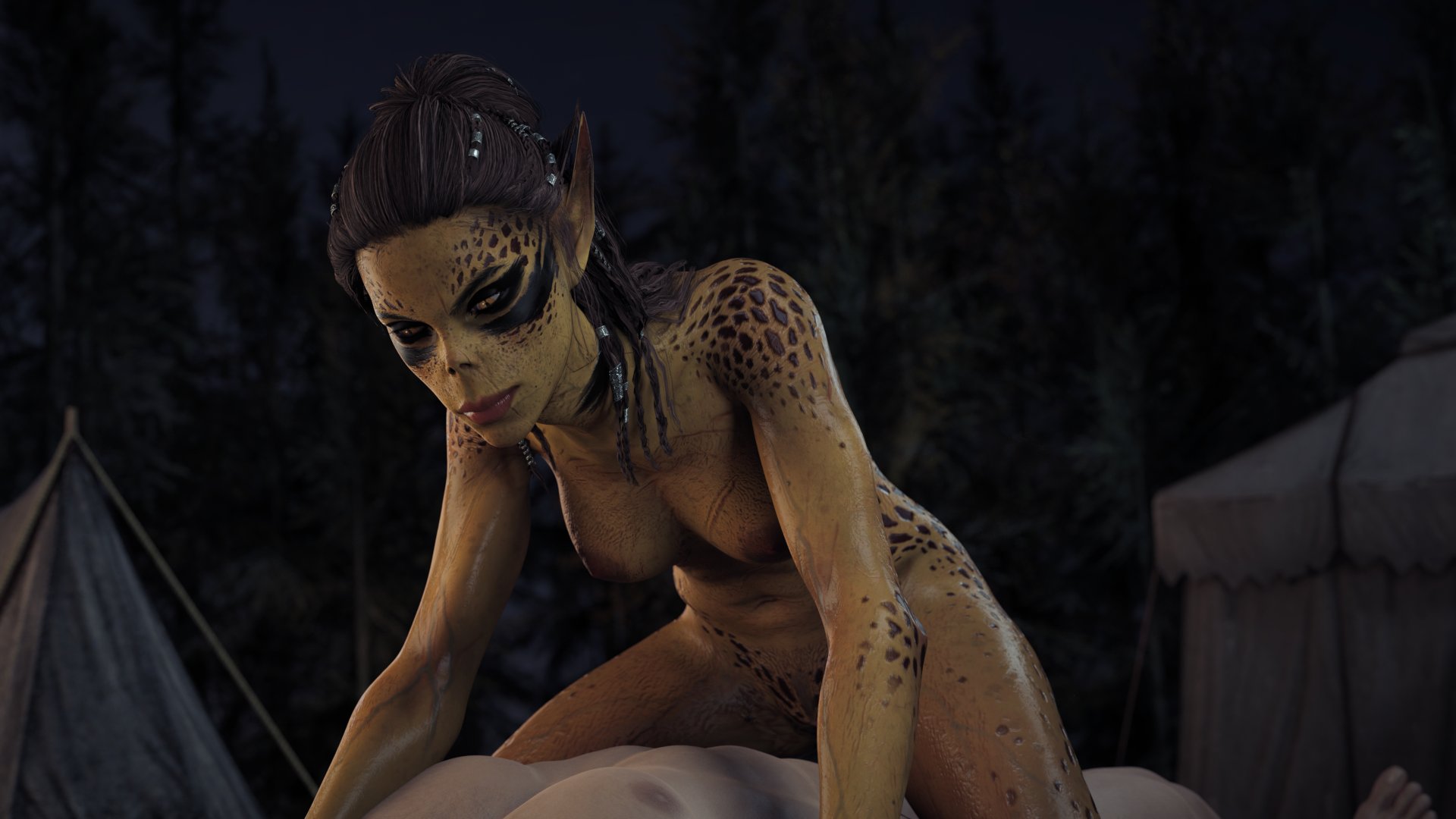 1boy, 1girls, 3d, baldur's gate, baldur's gate 3, bluelight, brown hair, dungeons and dragons, female, female domination, female focus, female on top, femdom, gith, githyanki, green skin, interracial, lae'zel, long hair, male, pointy ears, sex