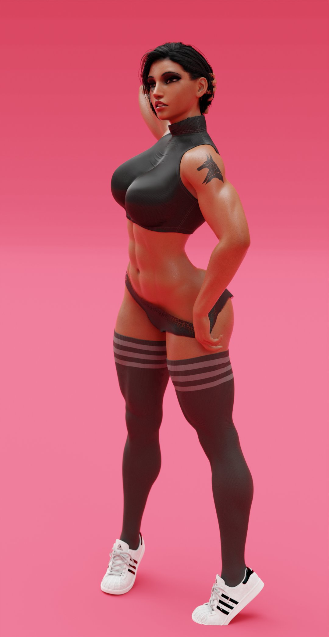 1girls, 3d, 3d (artwork), ass, big ass, black hair, black panties, breasts, brown body, brown skin, dark skin, dark-skinned female, egyptian, egyptian female, fareeha amari, female, fit, fit female, human, large breasts, overwatch, overwatch 2, panties, pharah, posing, simple background, tanuking3d, thighhighs, tight clothing