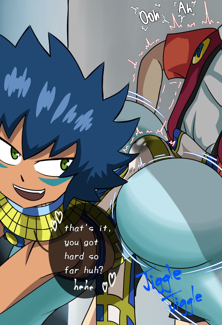 2boys aiger_akabane ass beyblade beyblade:_burst big_ass blue_hair bulge buttjob femboy green_eyes grinding laban_vanot male male_only markings srjrgart thick_thighs wide_hips