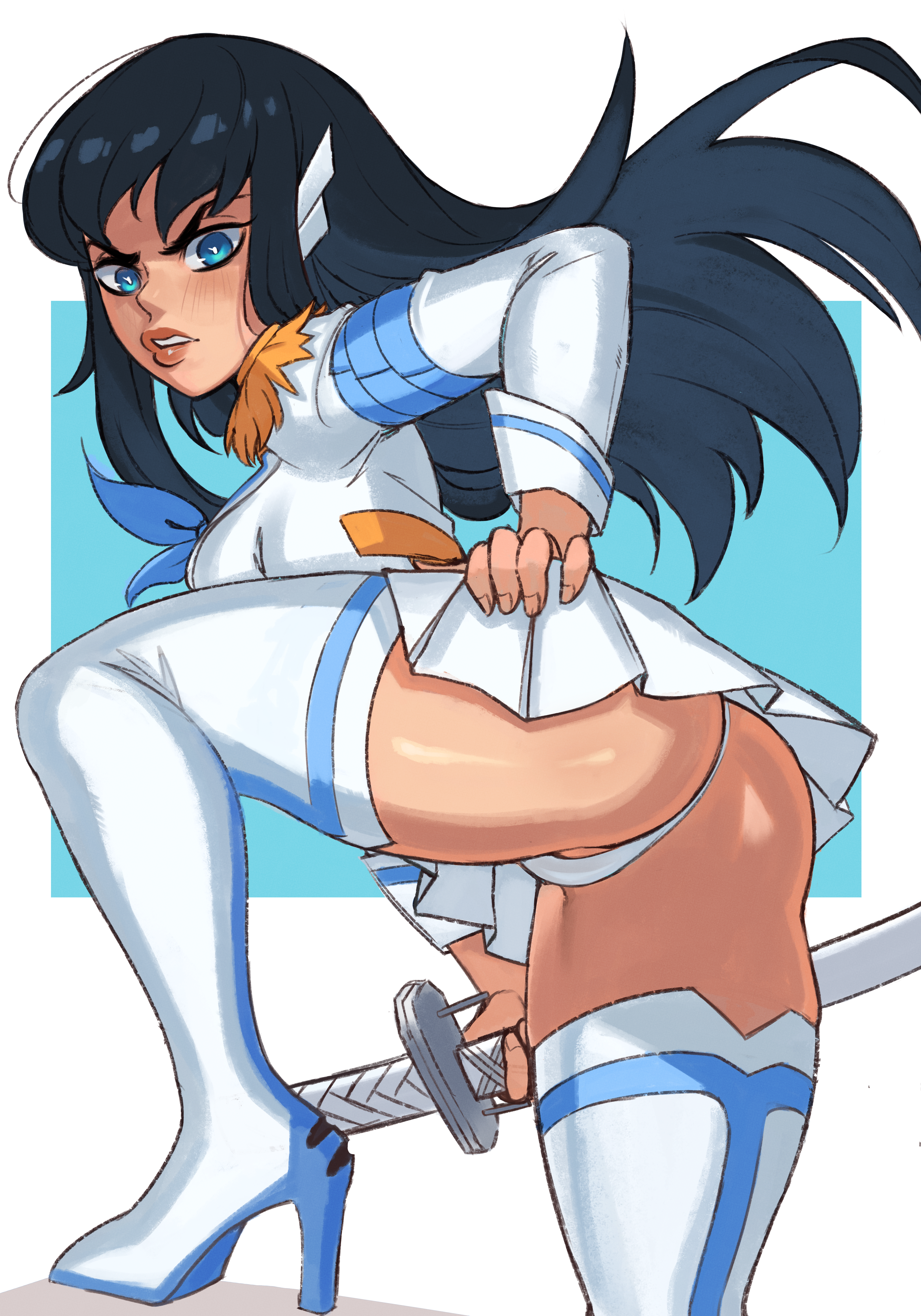 ass, back view, clothed, female, kaimecha, kill la kill, kiryuuin satsuki, long hair, panties, thighhighs, upskirt