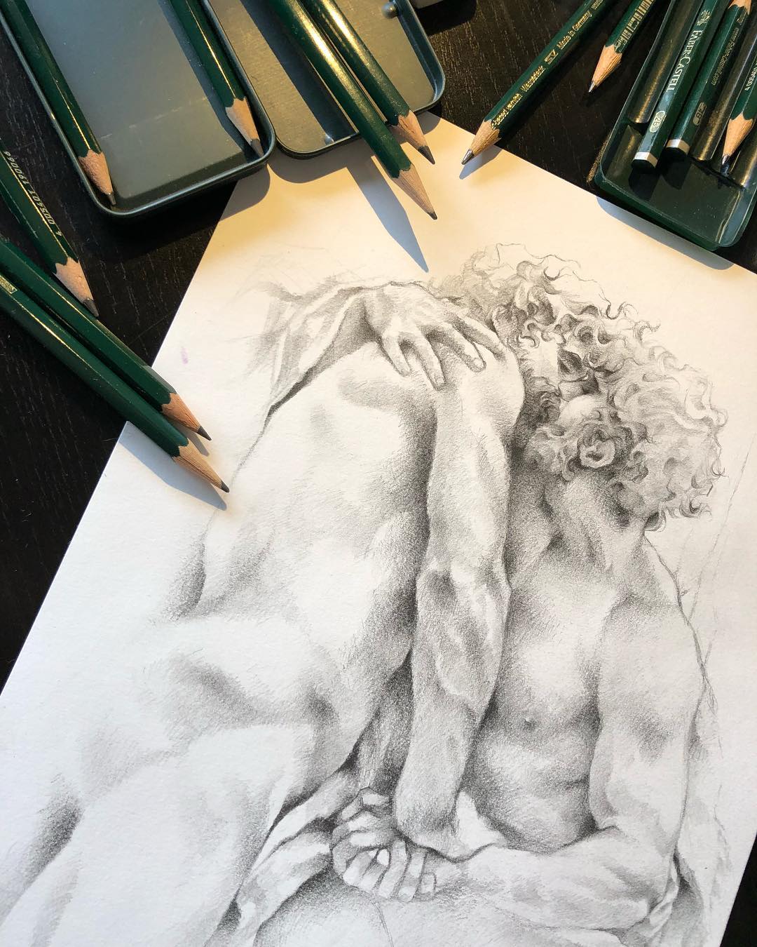 2boys arm_hair art_tools_in_frame artist_salem ass bara chest_hair closed_eyes completely_nude couple dutch_angle feet_out_of_frame from_side graphite_(medium) greyscale hairy hand_on_another's_arm hand_on_another's_shoulder highres kissing leg_hair male_focus mature_male monochrome multiple_boys nipples no_visible_genitalia nude original pectorals pencil penis photo_(medium) realistic short_hair thick_beard toned toned_male traditional_media veins veiny_arms wavy_hair yaoi