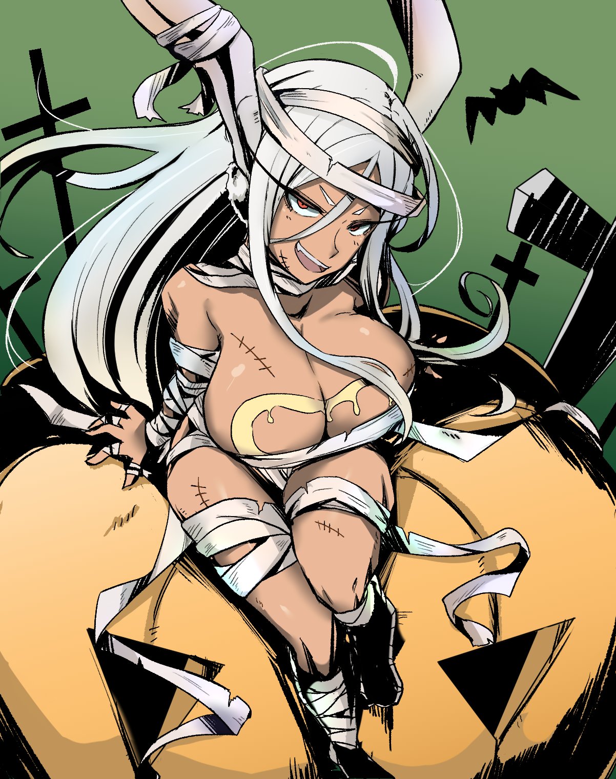 1girls big_breasts bunny_ears bunny_girl female female_only halloween halloween_costume kuchiparubi miruko mummy_costume mummy_wrappings my_hero_academia pumpkin rumi_usagiyama thick_thighs