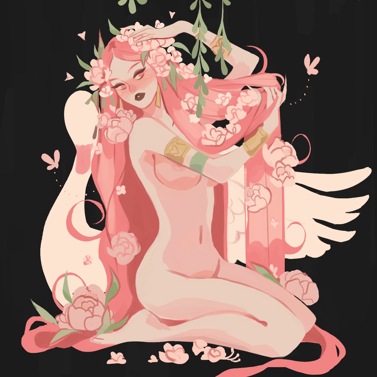 1girls, aphrodite, aphrodite (hades), casual, casual nudity, convenient censoring, divine slut, female, goddess, hades (game), human, kneeling, nude, nudist, piningappless, pink hair, pinup, solo, very long hair
