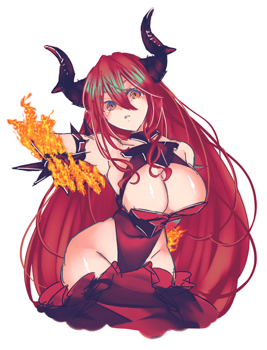 1girls big_breasts demon_girl demon_horns duel_monster female female_only fire long_hair nm2cat open_mouth promethean_princess_bestower_of_flames red_eyes red_hair very_long_hair yu-gi-oh!