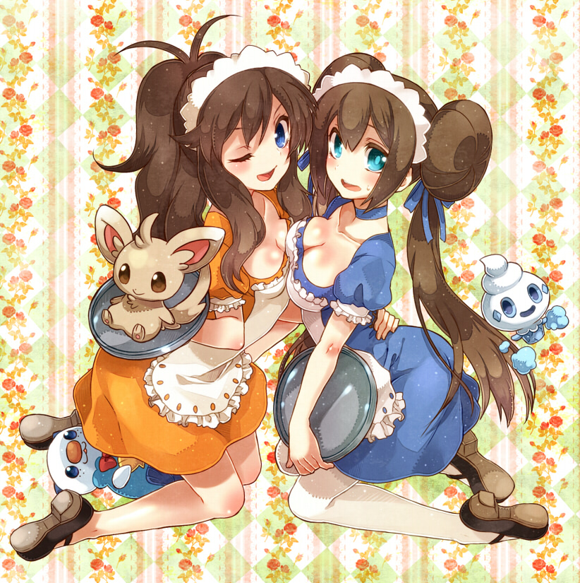 2girls blue_eyes breasts chinchilla cleavage female fur hand_on_hip hilda_(pokemon) irouha kneeling looking_at_viewer maid maid_uniform minccino one_eye_closed oshawott pokemon pokemon_(species) rosa_(pokemon) small_breasts sweat tagme tail vanillite