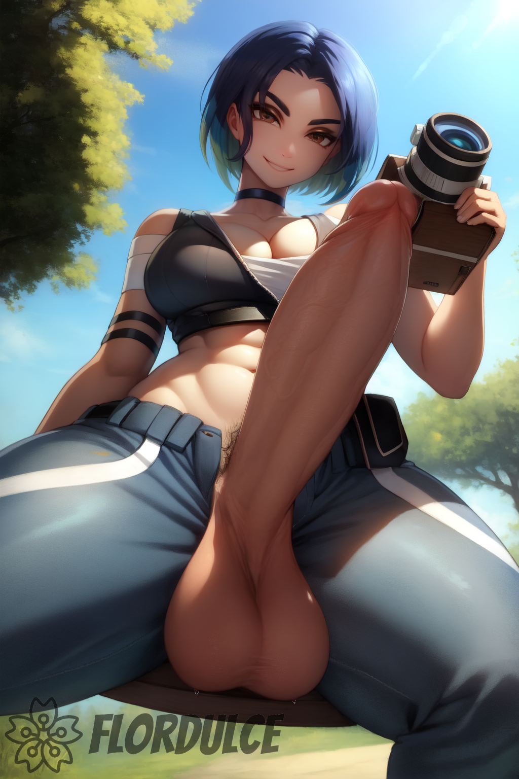 ai generated, balls, brown eyes, camera, dominant, erect penis, erection, flordulce, from below, futa only, futanari, holding camera, holding object, intersex, looking at viewer, looking down, mostly clothed, multicolored hair, outdoors, penis, perrin (pokemon), pokemon, pokemon sv, pubic hair, seductive, seductive look, seductive smile, solo futa, standing, testicles