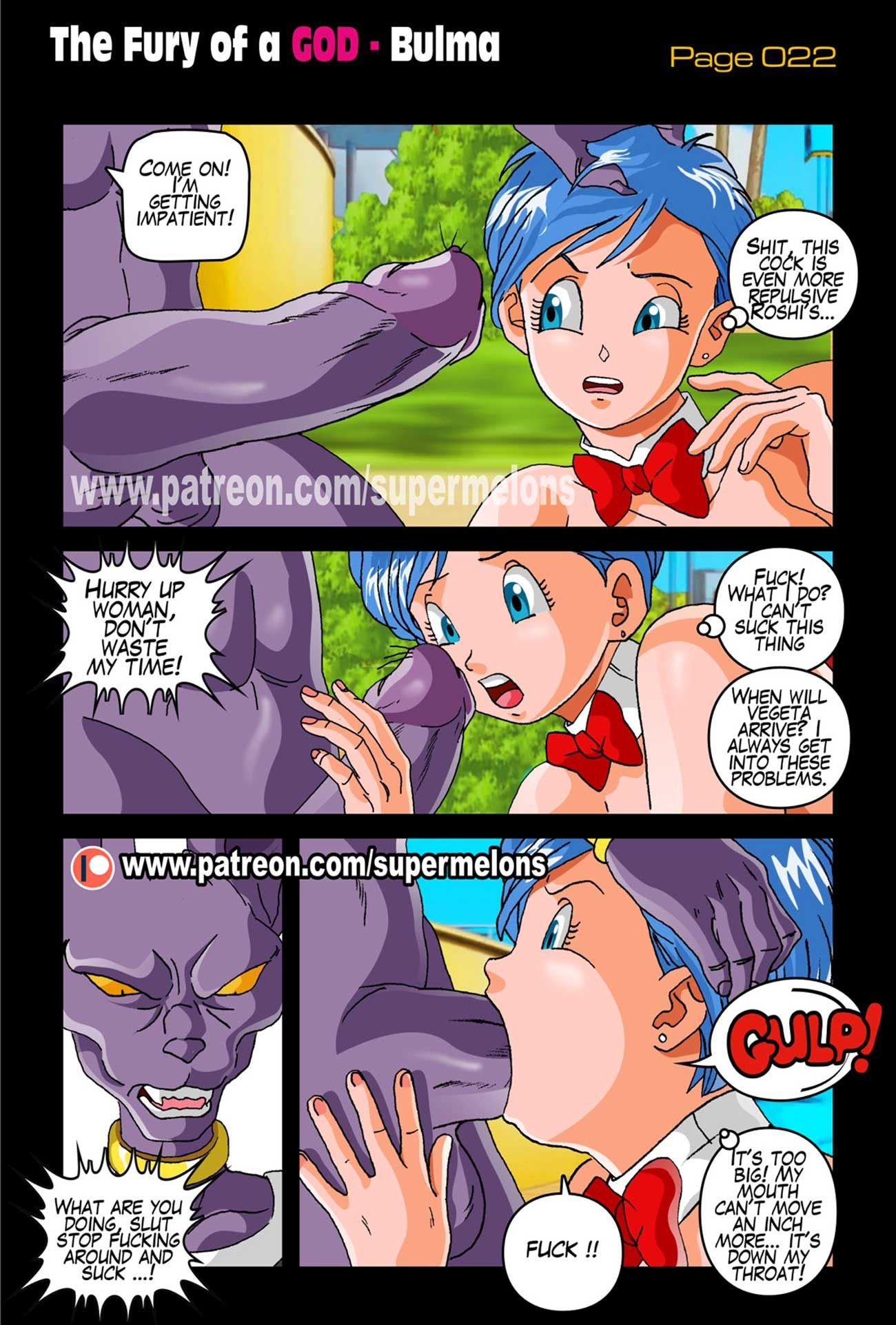 1boy 1girls anthro anthro_on_human balls beerus blue_eyes blue_hair bulma_briefs bunny_costume bunnysuit cheating cheating_wife clothing comic comic_page cuckold curvy deepthroat dialogue domination dragon_ball dragon_ball_super english_text erection exposed_breasts fellatio female furry head_grab heels highres kneeling large_penis male maledom netorare ntr oral page_22 penis purple_skin shocked short_hair speech_bubble straight super_melons testicles text the_fury_of_a_god_(supermelons) wide_eyed