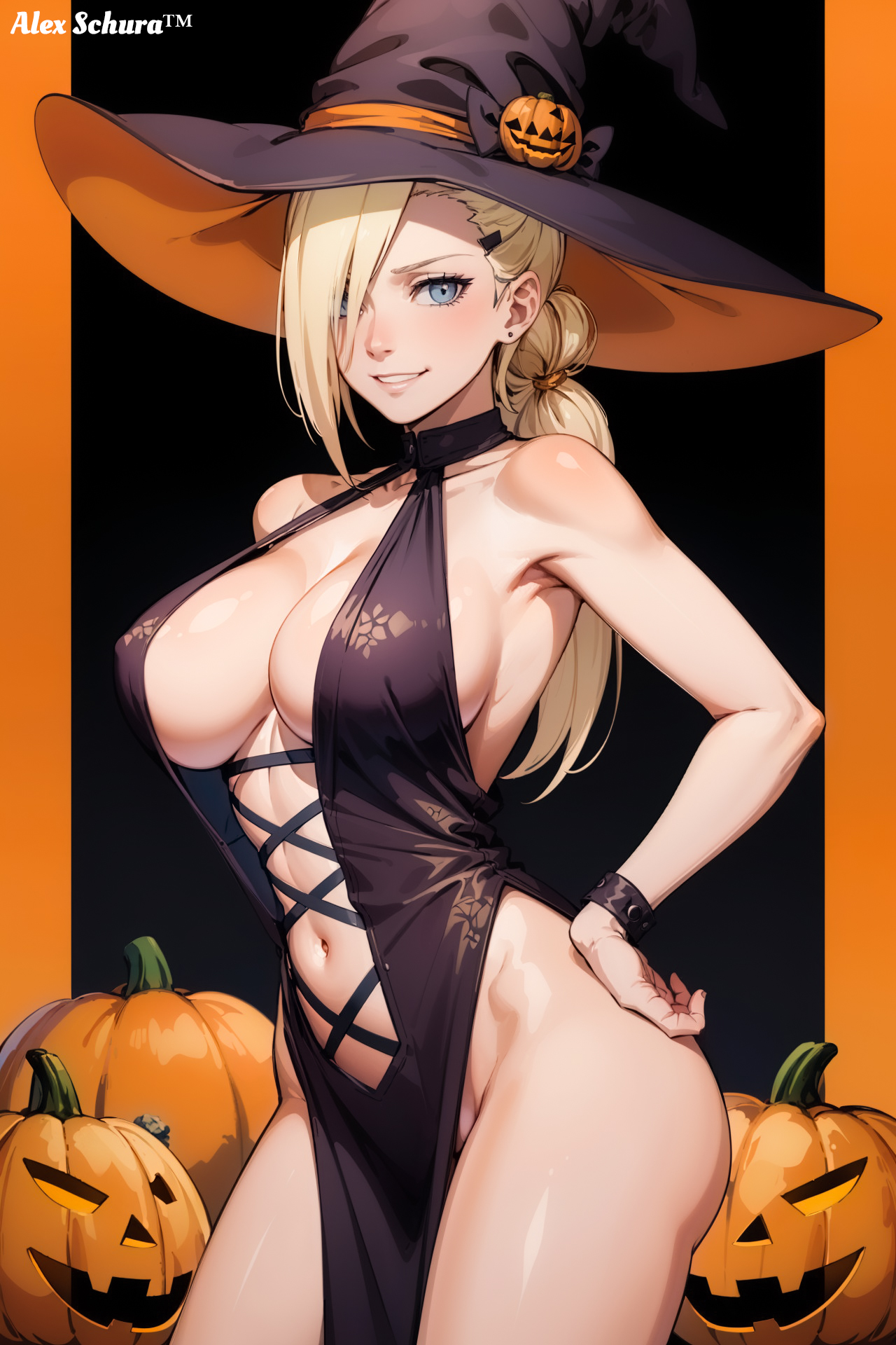 1girls, ai generated, alex-schura, artist name, big breasts, blonde hair, blue eyes, blush, boruto: naruto next generations, breasts, cleavage, costume, curvaceous, female, female only, hair ornament, hair over one eye, halloween, hands on hips, hat, huge breasts, ino yamanaka, large breasts, long hair, looking at viewer, mature, mature female, milf, nai diffusion, naruto, naruto (series), no bra, no panties, oppai, pinup, ponytail, pumpkin, revealing clothes, smile, solo, solo focus, stable diffusion, tied hair, watermark, wide hips, witch, witch costume, witch hat, yamanaka ino