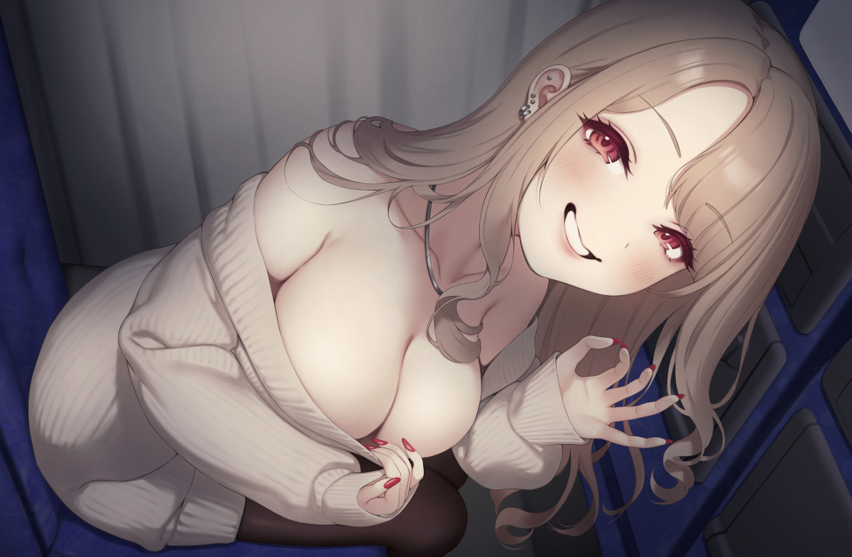1girls, big breasts, blonde hair, breasts, female, female only, gyaru, high socks, human, kitagawa marin, long fingernails, looking at viewer, nail polish, pulling clothing, pulling down shirt, red fingernail polish, red nail polish, smile, solo, sono bisque doll wa koi wo suru, thighhighs, train interior