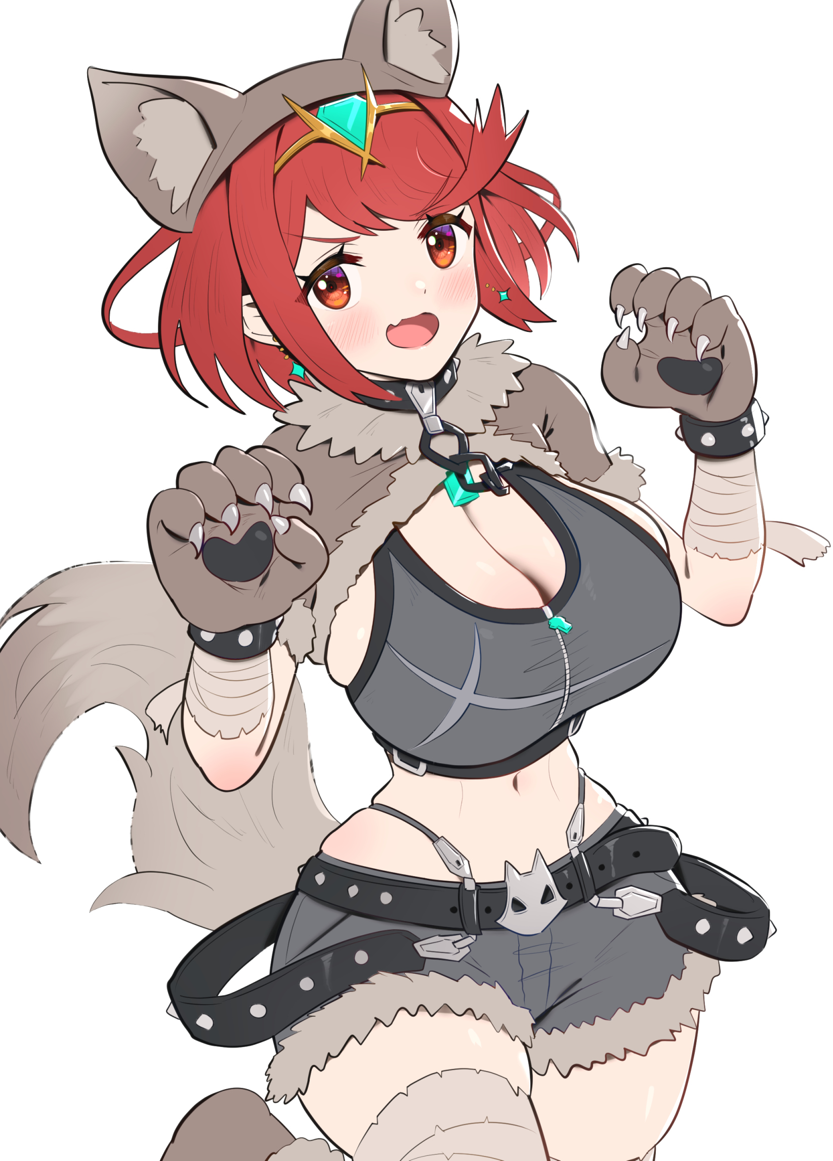 1girls, animal ears, breasts, core crystal, female, gonzarez, hi res, hips, huge breasts, kemonomimi, light skin, light-skinned female, nintendo, pyra, red eyes, red hair, short hair, tail, tail accessory, thick thighs, thighs, wide hips, xenoblade (series), xenoblade chronicles 2