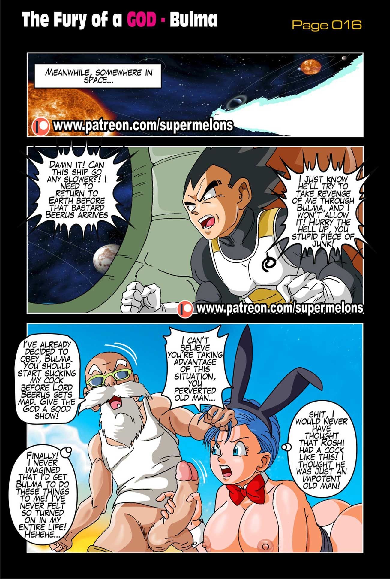 1girls 2boys age_difference areolae ass balls blue_eyes blue_hair breasts bulma_(bunny) bulma_briefs bunny_costume bunny_ears bunnysuit cheating cheating_wife cleavage clothing comic comic_page cuckold curvy dialogue domination dragon_ball dragon_ball_super english_text exposed_breasts female glasses hair_grab hand_on_penis handjob heels highres imminent_sex large_breasts large_penis male maledom master_roshi netorare nipples ntr old_man page_16 penis see-through see-through_clothing shocked short_hair speech_bubble straight super_melons testicles text the_fury_of_a_god_(supermelons) thighs vegeta