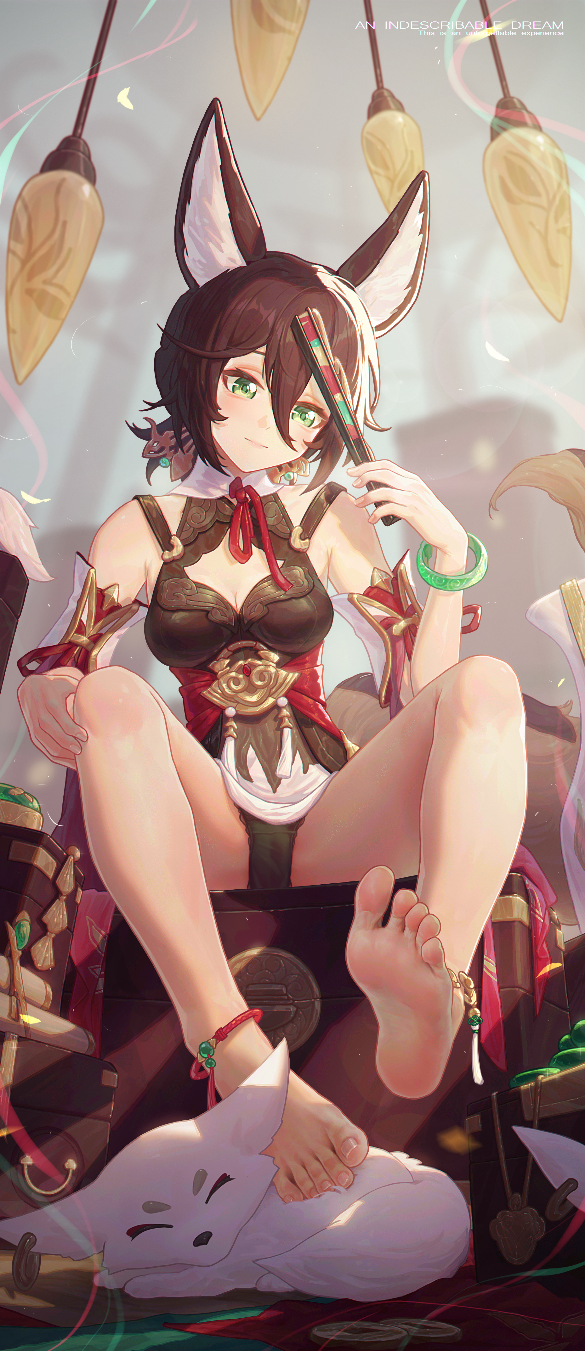 1girls, 2d, 2d (artwork), alternate version available, anklet, bangs, barefoot, bracelet, cleavage, clothed, clothing, digital media (artwork), feet, female, female only, foot fetish, fox, fox ears, fox girl, fox tail, green hair, hand fan, hi res, highres, honkai (series), honkai: star rail, icecake, panties, sitting, soles, solo, solo female, tingyun (honkai: star rail), toes
