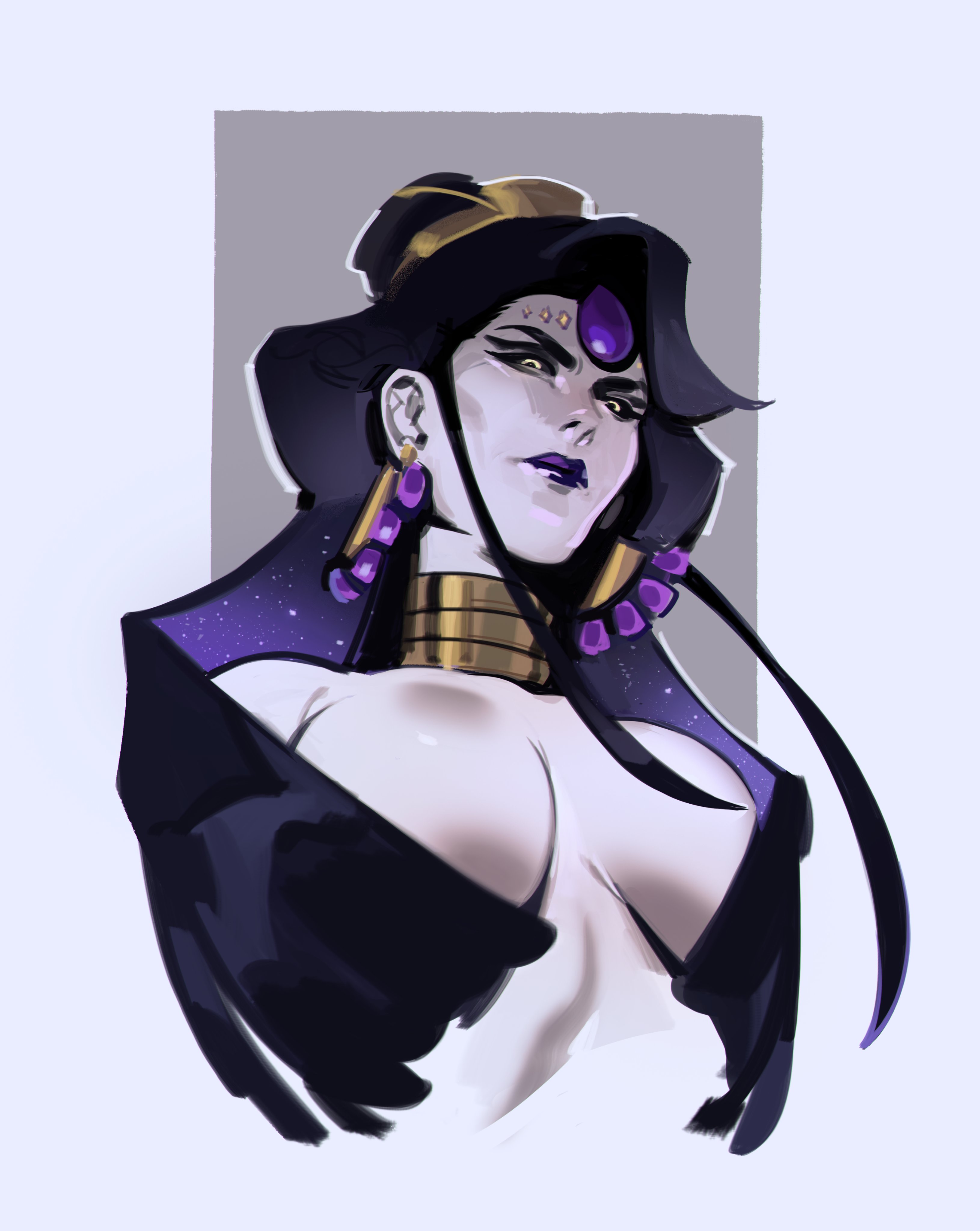1girls, artbynips, big breasts, black hair, breasts, bust portrait, female, hades (game), nyx (hades), ohnips, solo