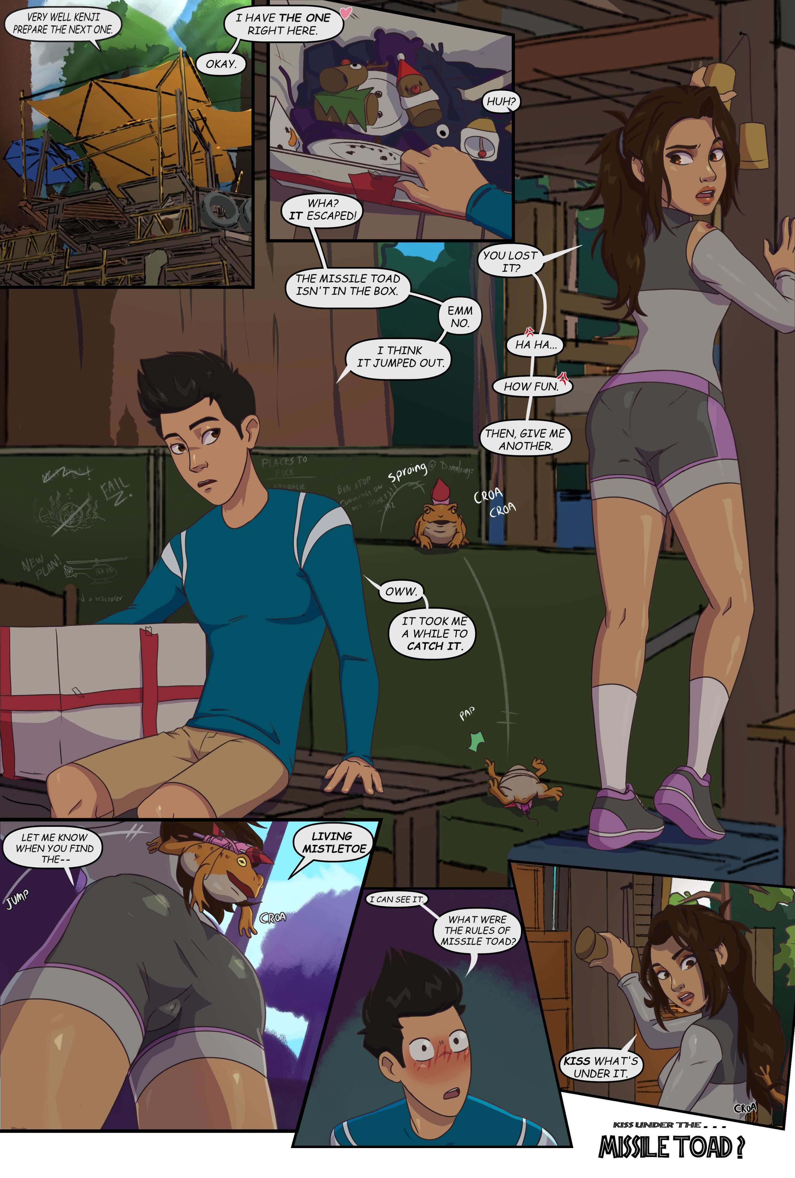 1boy, 1girls, 2d, ass, cameltoe, comic, damnlounge, english text, female, human, human female, human only, jurassic park (franchise), jurassic world, jurassic world camp cretaceous, kenji kon, male, pussy, shorts, speech bubble, yasmina fadoula (jurassic world)