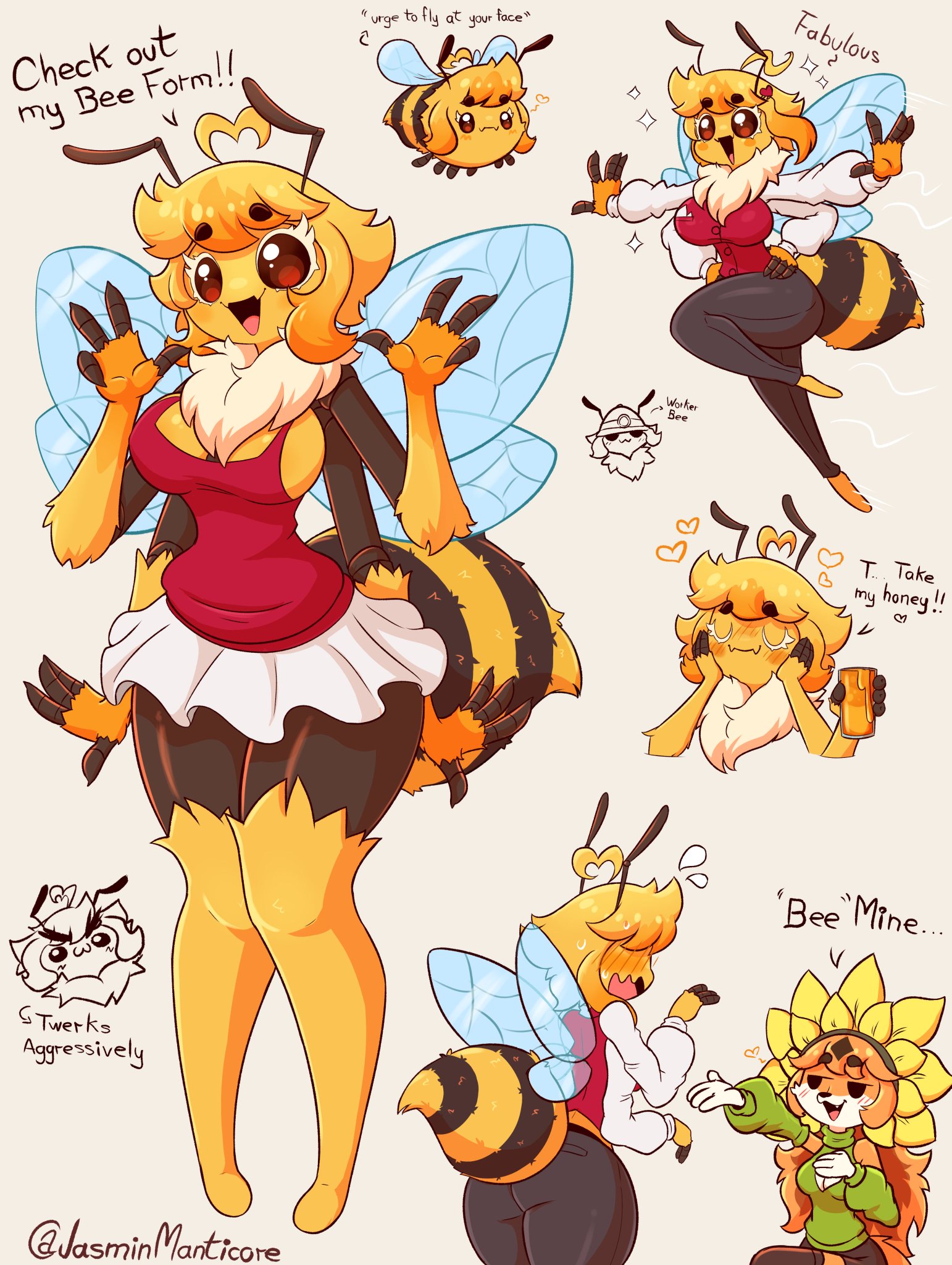 2girls, 4 arms, abdomen, alternate species, antennae, bee, bee girl, blush, breasts, female, flower, fluffy, fur, hands on face, hips, honey, insect, insect girl, insect wings, jasmin (jasminthemanticore), jasminthemanticore, multi arm, multi limb, peace sign, smile, tagme, thick thighs, thighs