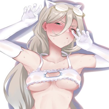 aia_amare angry_face armpits blush boob_window cat_ears clawed_fingers glasses glasses_on_head gloves green_eyes long_gloves looking_at_viewer nijisanji nijisanji_en nipples_visible_through_clothing silver_hair sweat sweating topwear underboob virtual_youtuber yarashi_thought