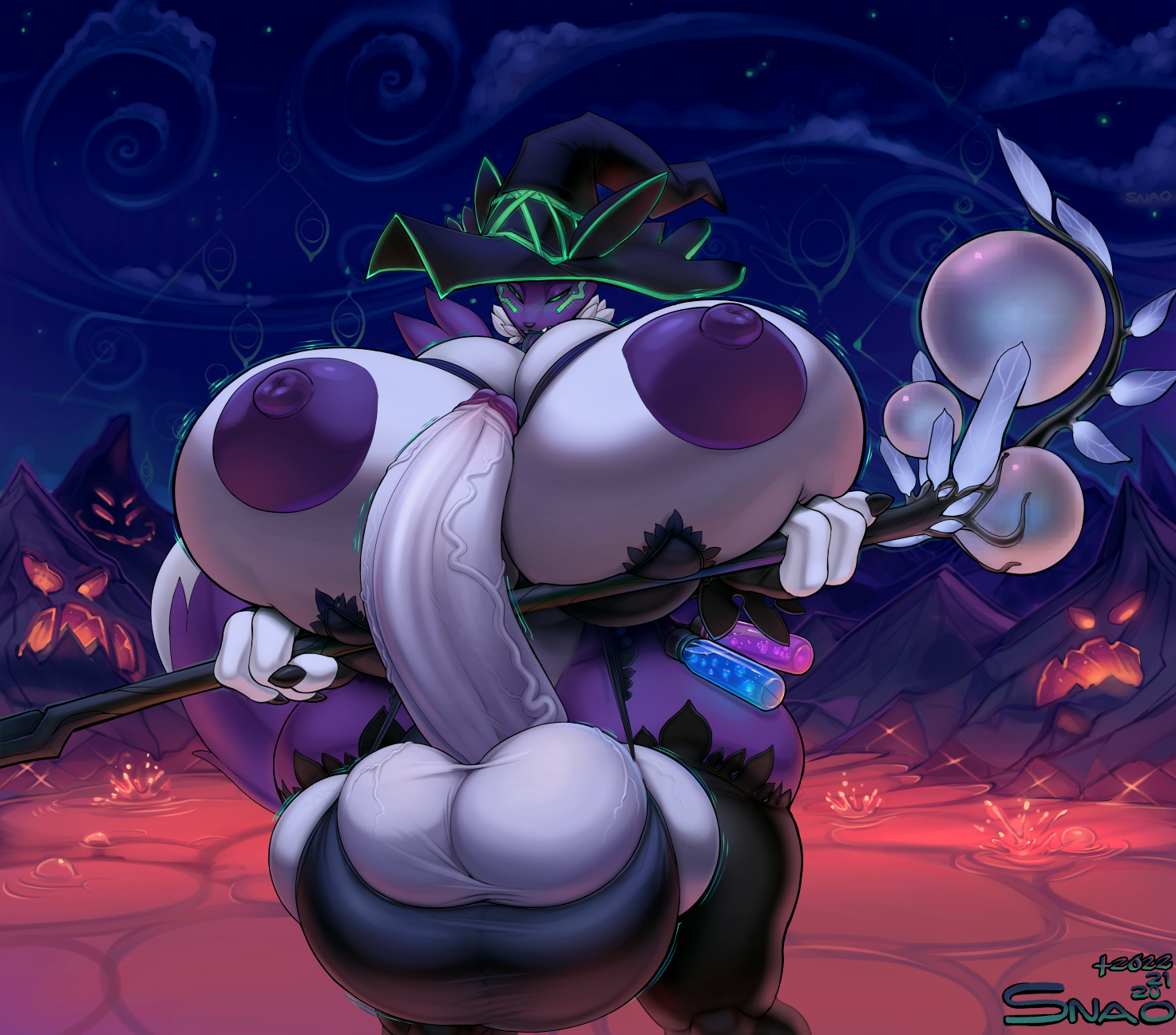 3 fingers, anthro, balls, bandai namco, big balls, big breasts, big penis, black sclera, breasts, canid, canine, claws, clothing, digimon, digimon (species), fingers, fox, fur, futanari, green eyes, halloween, hat, holidays, huge balls, huge breasts, huge cock, hyper, hyper genitalia, hyper penis, intersex, mammal, penis, potion, purple body, purple fur, renamon, snao, solo, staff, tail, thick thighs, vein, veiny penis, white body, white fur, wide hips, witch hat