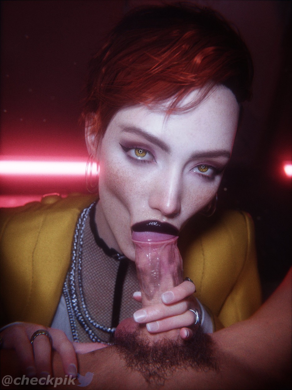 1boy, 1girls, 3d, aurore cassel, black lipstick, blowjob, breasts, cd projekt red, checkpik, clothed, clothed female, clothing, cyberpunk 2077, cyberpunk 2077: phantom liberty, fellatio, female, foreskin, freckles, fully retracted foreskin, hair, jewelry, lipstick, lipstick on penis, looking at viewer, male, medium breasts, partial male, penis, pov, pubic hair, realistic, red hair, retracted foreskin, ring, short hair, uncircumcised, yellow eyes