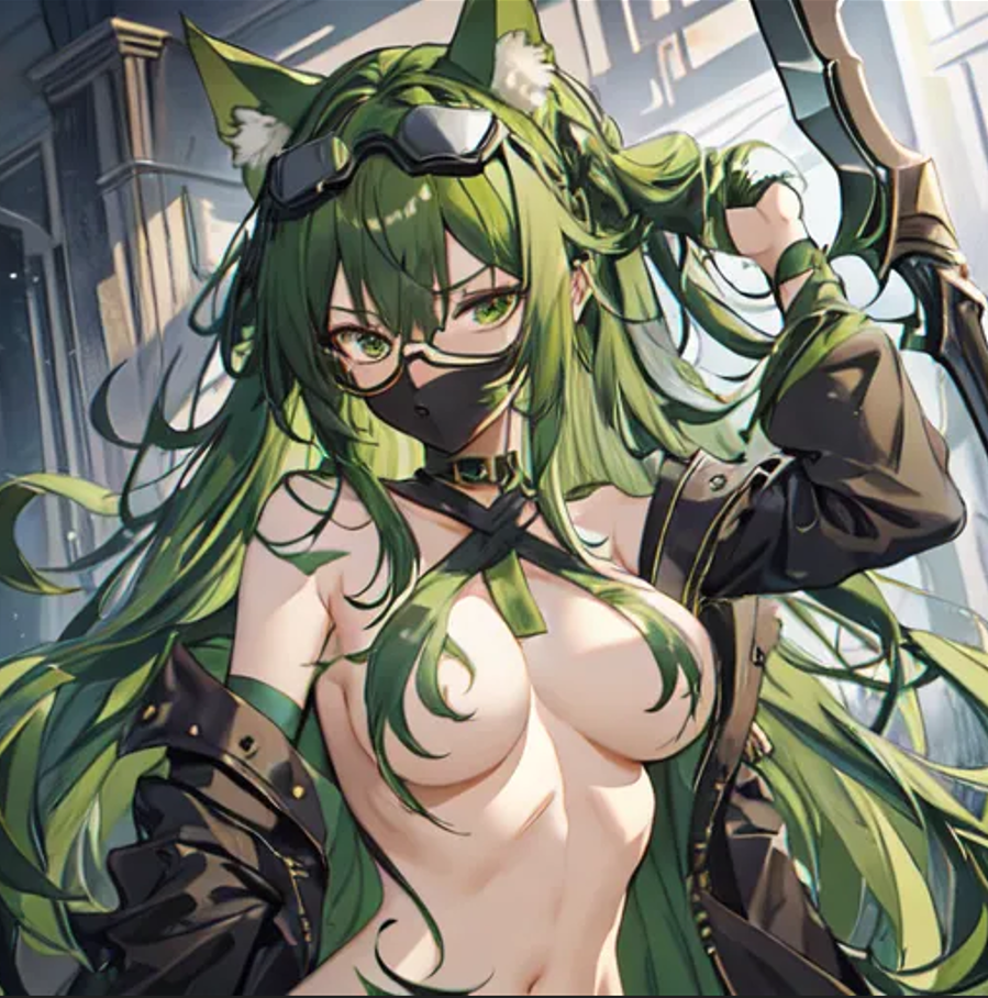 ai_generated cat_ears catgirl choker clothing glasses googles green_eyes green_hair hair_between_eyes hair_covering_nipples mask scythe stable_diffusion