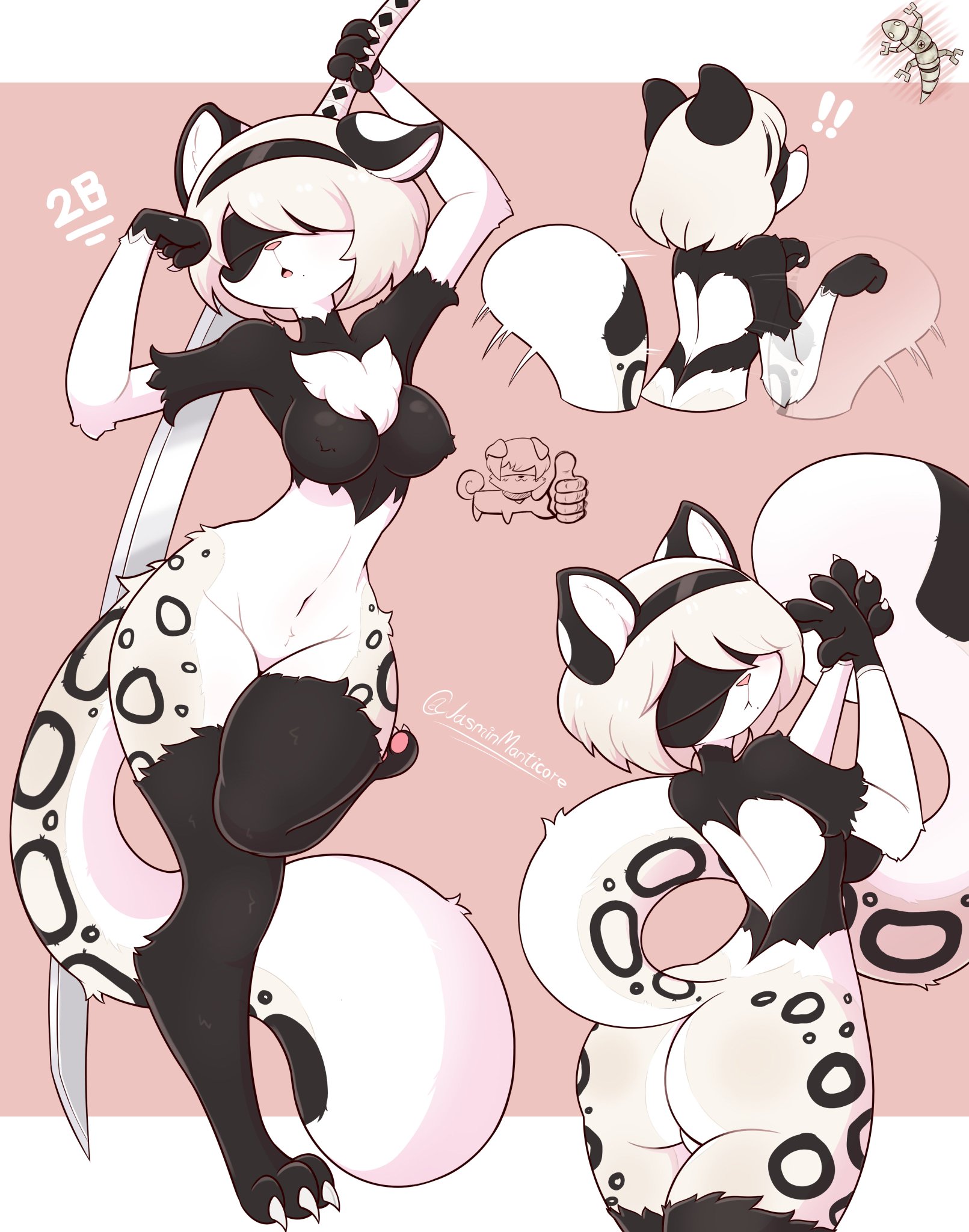 1girls, ass, breasts, fat ass, female, female only, fluffy, fluffy tail, hips, jasminthemanticore, leopard, nier: automata, snow leopard, solo female, tail, tailwag, thick thighs, thighs, yorha 2b