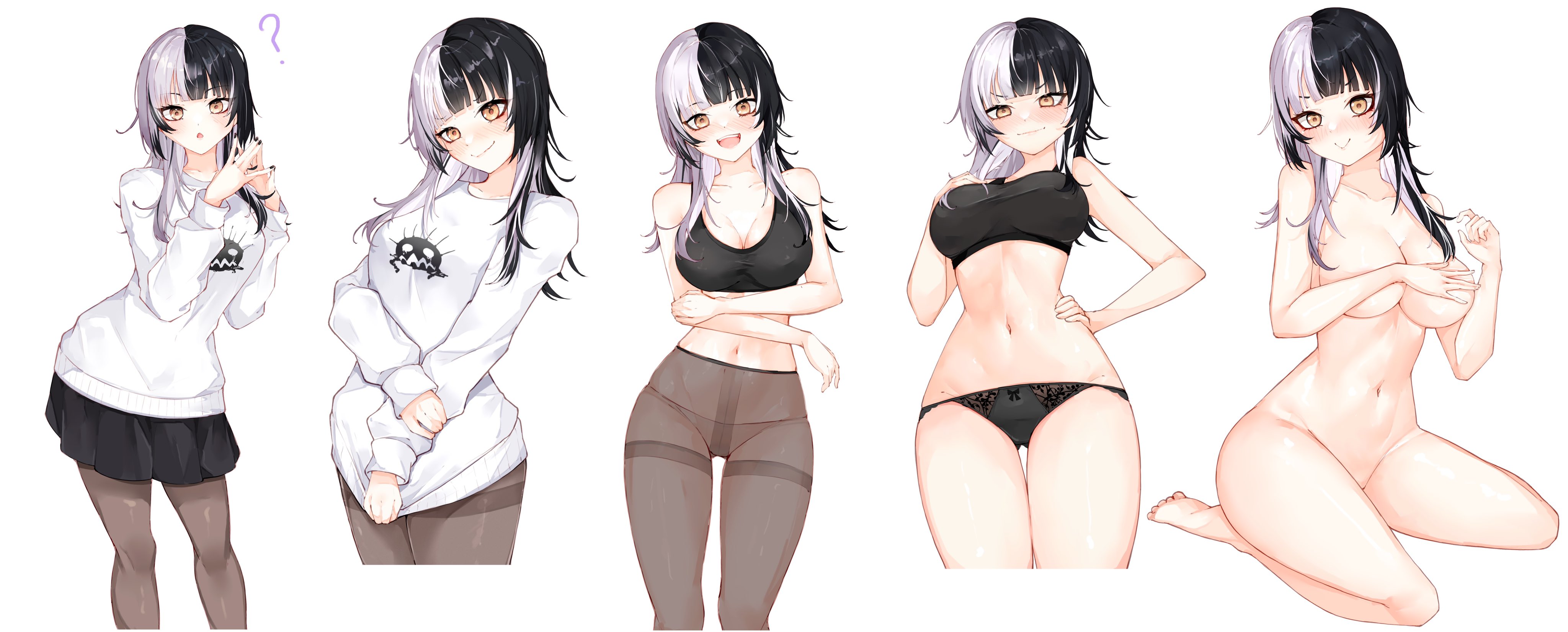 1girls, barefoot, big breasts, black bra, black hair, black nails, black panties, black skirt, blush, breasts, collage, completely nude, covering breasts, different poses, female, female only, full body, hololive, hololive english, hololive english -advent-, kneeling, lace panties, large breasts, long hair, looking at viewer, ma draws, meme, multiple images, naked, naked female, nude, nude female, panties, pantyhose, shiori novella, simple background, skirt, solo, solo female, sports bra, strip game, stripping game, sweater, thin waist, two-tone hair, underboob, underwear, virtual youtuber, white background, white hair, white sweater, wide hips, yellow eyes