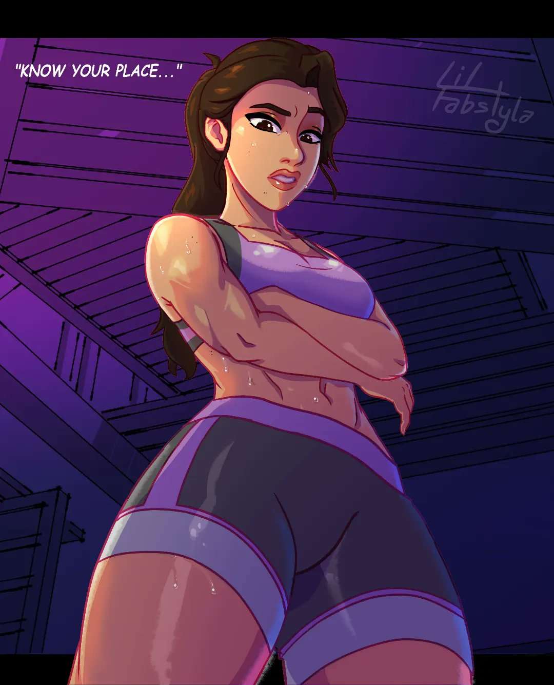 brown_eyes brown_hair crossed_arms damnlounge jurassic_world_camp_cretaceous midriff shorts sports_bra yasmina_fadoula_(jurassic_world)