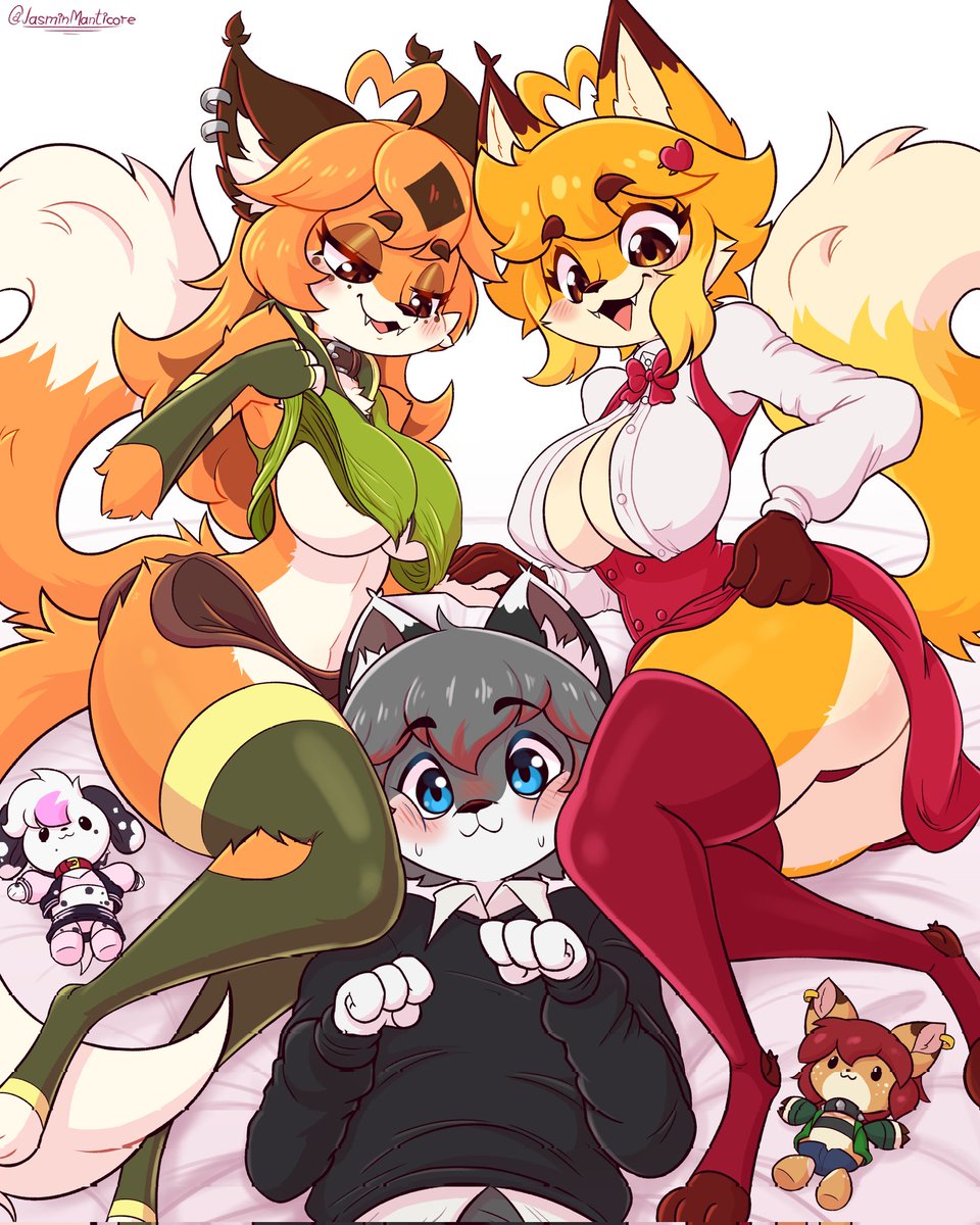 1boy 2girls big_breasts blush blushing breasts fangs fluffy fluffy_tail furry furry_only jasminthemanticore lisa_(jasminthemanticore) panties skirt skirt_lift stripping suggestive suggestive_look tagme thighhighs thighs