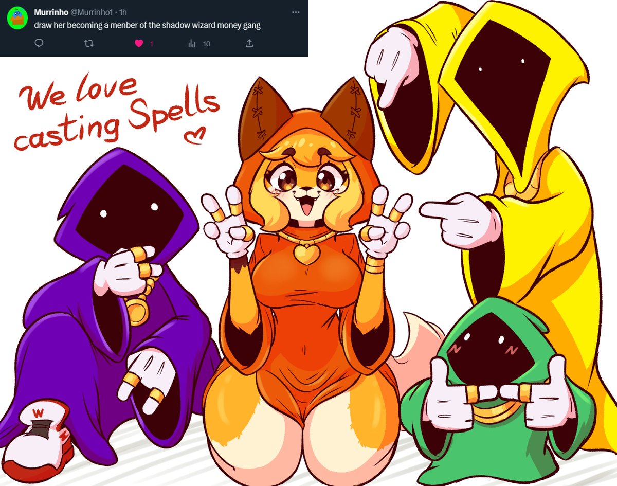 ablush double_v fox fox_girl furry green_robe jasminthemanticore looking_at_viewer orange_suit peace_sign purple_robe shadow_wizard_money_gang smile smiling smiling_at_viewer tail thick_thighs thighs v wizard_robe yellow_robe