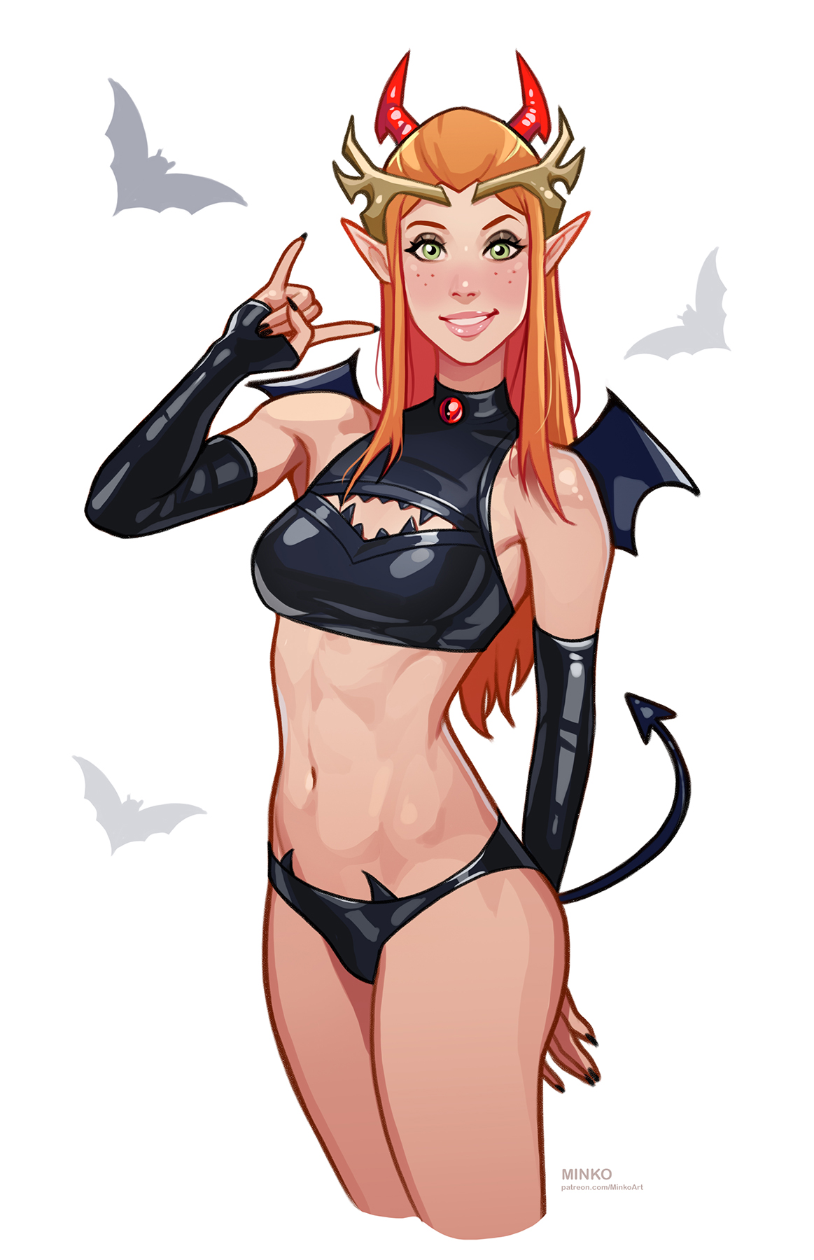breasts, critical role, critical role: vox machina, devil horns, dungeons and dragons, elf, female, horns, keyleth, medium breasts, minko, pointy ears, red hair, solo, tail, the legend of vox machina