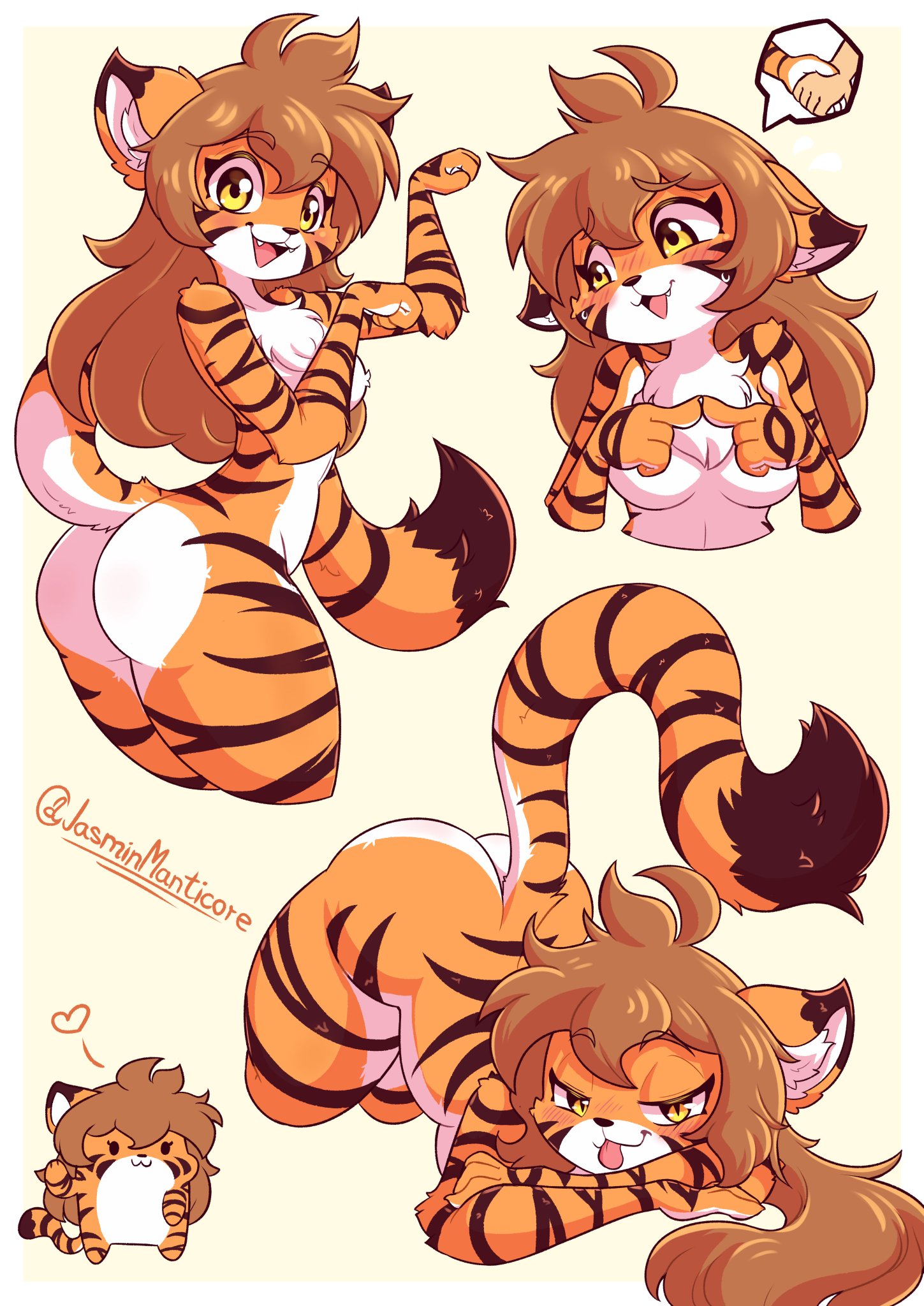 ass, blush, fat ass, female, flora (twokinds), fluffy, furry, hand holding, hips, jack-o pose, jasminthemanticore, long hair, long tail, tagme, tail, thighs, tiger, tiger girl, tongue, tongue out, twokinds