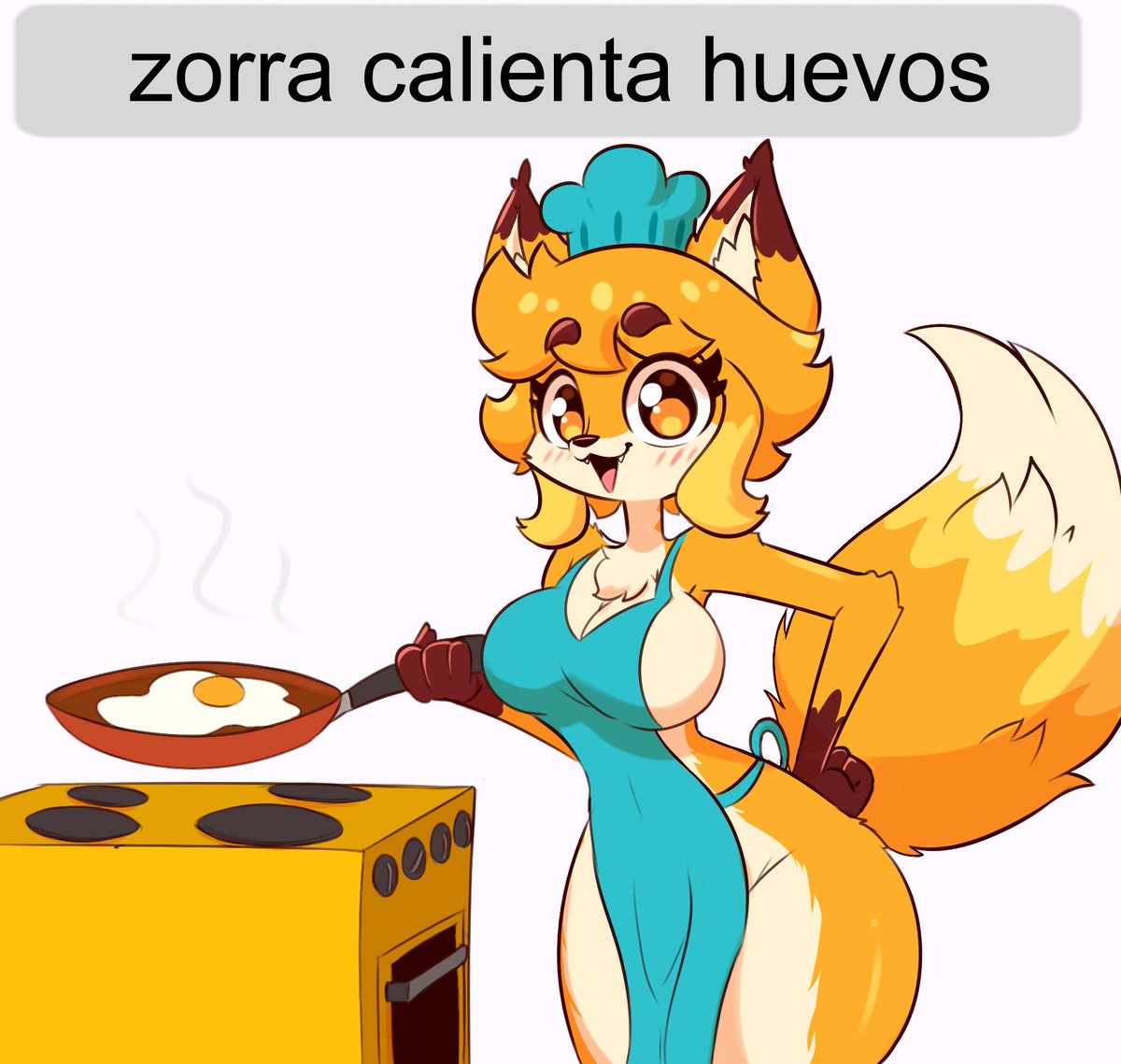 apron apron_only big_breasts blush breasts cooking egg facebook facebook_foxes facebook_stickers fangs fluffy_ears fluffy_tail fox fox_girl furry hips jasmin_(jasminthemanticore) jasminthemanticore smile spanish_text stove tail text text_box thick_thighs thighs zorra_calienta_huevos