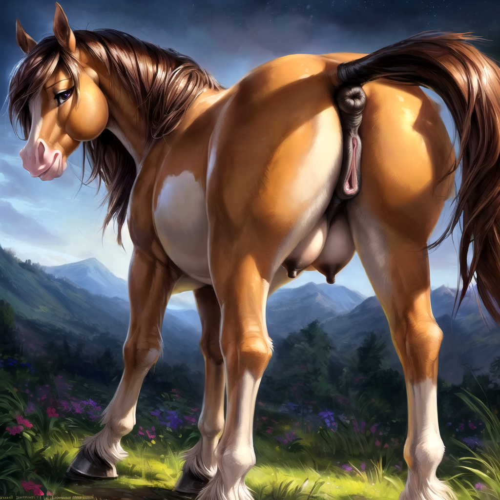 2023, above average crotchboobs, ai generated, anatomically correct, anatomically correct genitalia, animal genitalia, animal pussy, anus, ass, breasts, crotchboobs, detailed background, equid, equine, equine anus, equine genitalia, equine pussy, female, feral, fur, furry, genitals, horse, looking at viewer, looking back, looking back at viewer, mammal, multicolored body, multicolored fur, nipples, non-human areolae, null (director), outside, pussy, raised tail, solo, tagme, tail, two-tone body, two-tone fur
