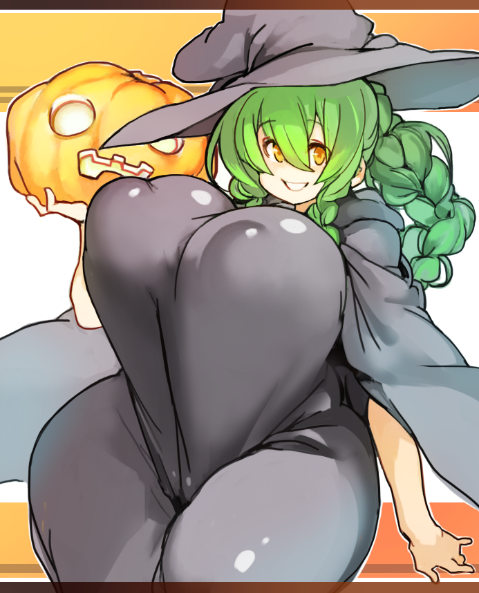 big_breasts breasts green_hair huge_breasts jack-o'-lantern large_breasts massive_breasts pumpkin sachito tagme witch witch_costume witch_hat