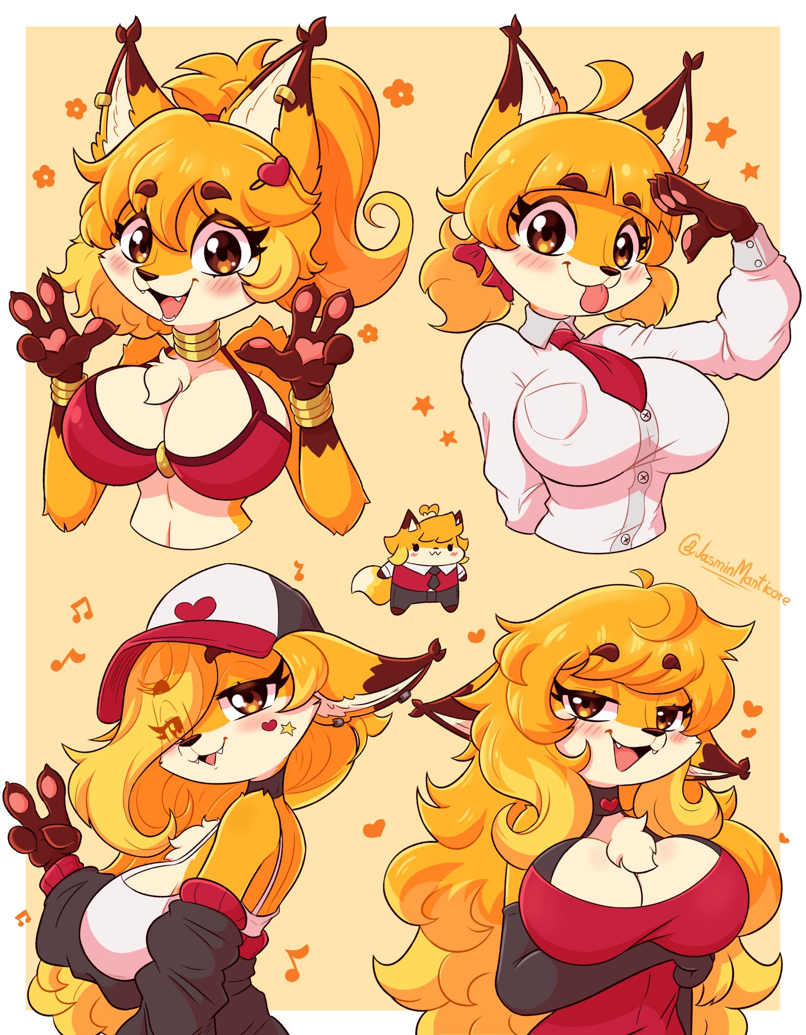 big breasts, blush, breasts, cap, female, fox, fox girl, furry, hair over one eye, jasmin (jasminthemanticore), jasminthemanticore, paws, peace sign, salute, suggestive look, tagme, tie