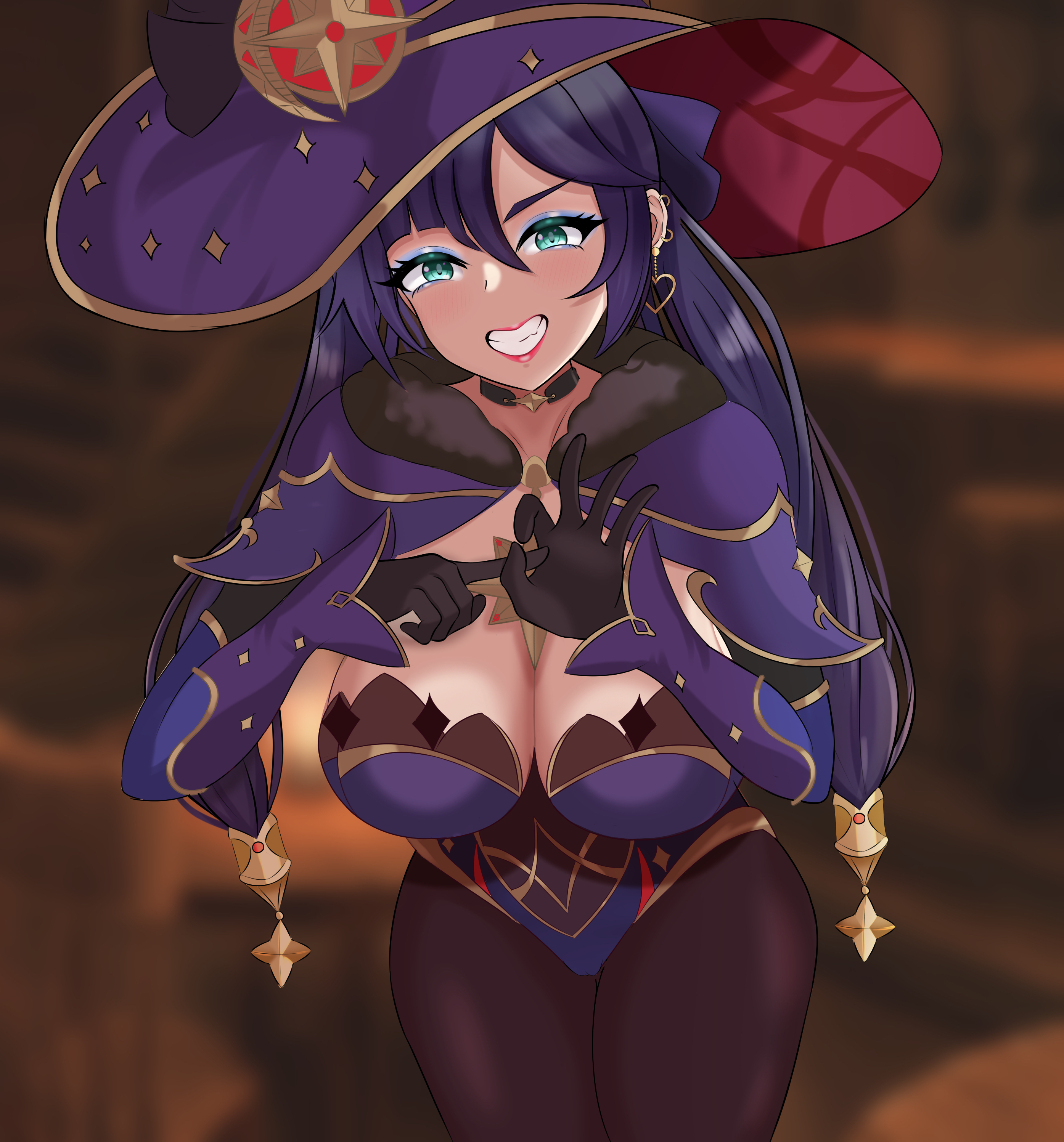 1girls, big breasts, big thighs, breasts, clothed, clothed female, clothing, female, female only, genshin impact, large breasts, light skin, light-skinned female, lipstick, makeup, mona (genshin impact), moratorium24yo, pantyhose, smile, solo, suggestive gesture, textless, thick thighs, thighs, wanting sex