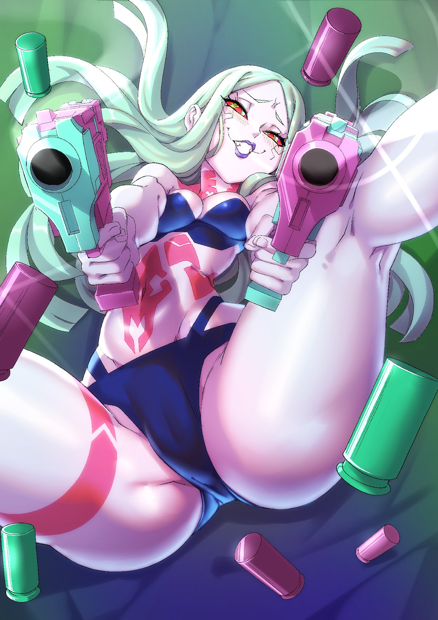 1girls, cd projekt red, clothing, cybernetics, cyberpunk 2077, cyberpunk: edgerunners, female, female only, firearm, green eyes, green hair, gun, handgun, hi res, human, legs apart, light blush, lingerie, long hair, looking at viewer, lying, lying on back, nisego, pale skin, pistol, pistols, purple lips, rebecca (edgerunners), red sclera, smiling, smiling at viewer, smug, solo, thick thighs, weapon, white body