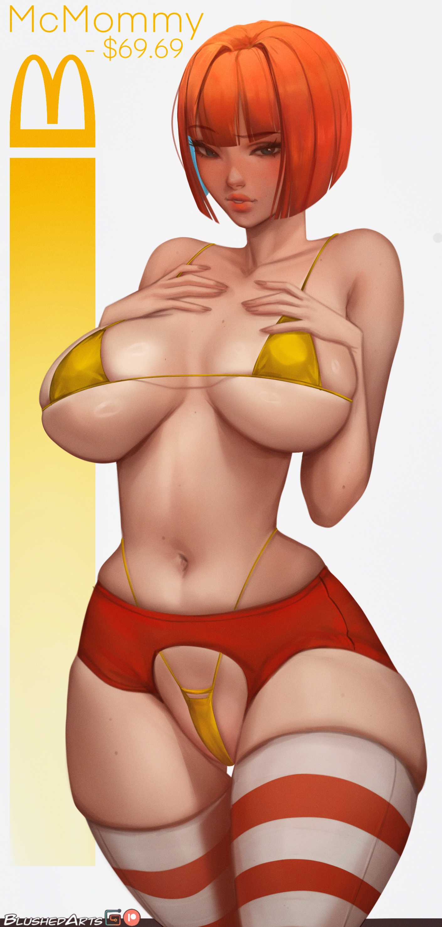 1girls, alternate breast size, big breasts, bikini, blushedarts, bob cut, breasts, busty, curvaceous, curvy, curvy body, curvy female, curvy figure, female, huge breasts, large breasts, mcdonald's, micro bikini, milf, mom (japanese mcdonald's commercial), mother, orange hair, thick thighs, thighhighs, thighs, voluptuous, wide hips, yoru mac