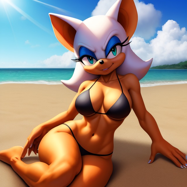 1girls ai_generated aqua_eyes bat beach bikini black_bikini blue_eyeshadow blue_sky bottomless cloud curvaceous curvy day daytime detailed_shading facing_viewer frosting.ai frown full_body green_eyes grin hourglass_figure legs_together lens_flare linea_alba medium_breasts narrow_waist navel ocean on_ground on_sand outdoors pink_nails posing rouge_the_bat seductive seductive_look seductive_smile shiny_skin sitting sitting_on_ground sitting_on_sand skindentation smile solo sonic_(series) sonic_the_hedgehog_(archie) sonic_the_hedgehog_(comics) sonic_the_hedgehog_(idw) sonic_the_hedgehog_(series) stable_diffusion thick_thighs white_fur yokozuwari