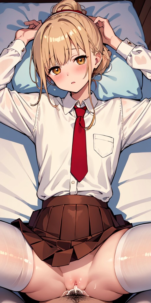 ai_generated arms_up bahamut0 bangs blonde_hair cum cum_in_pussy laying_down looking_at_viewer missionary_position on_back on_bed otonari_no_tenshi-sama_ni_itsu_no_mani_ka_dame_ningen_ni_sarete_ita_ken pov pussy sex shiina_mahiru skirt thighhighs tie yellow_eyes