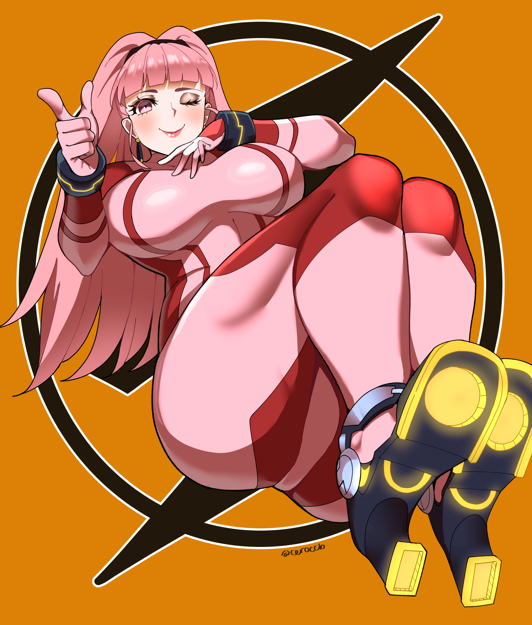 ;), 1girls, alternate costume, alternate version available, ass, bangs, blunt bangs, bodysuit, breasts, ceroccb, cosplay, crossover, eyeshadow, female, female only, fire emblem, fire emblem: three houses, hand on own chest, hilda valentine goneril, large ass, large breasts, long hair, looking at viewer, metroid, nintendo, one eye closed, pink bodysuit, pink eyes, pink hair, png, pointing, pointing at viewer, ponytail, samus aran (cosplay), smile, solo, twintails, very long hair, wink, zero suit