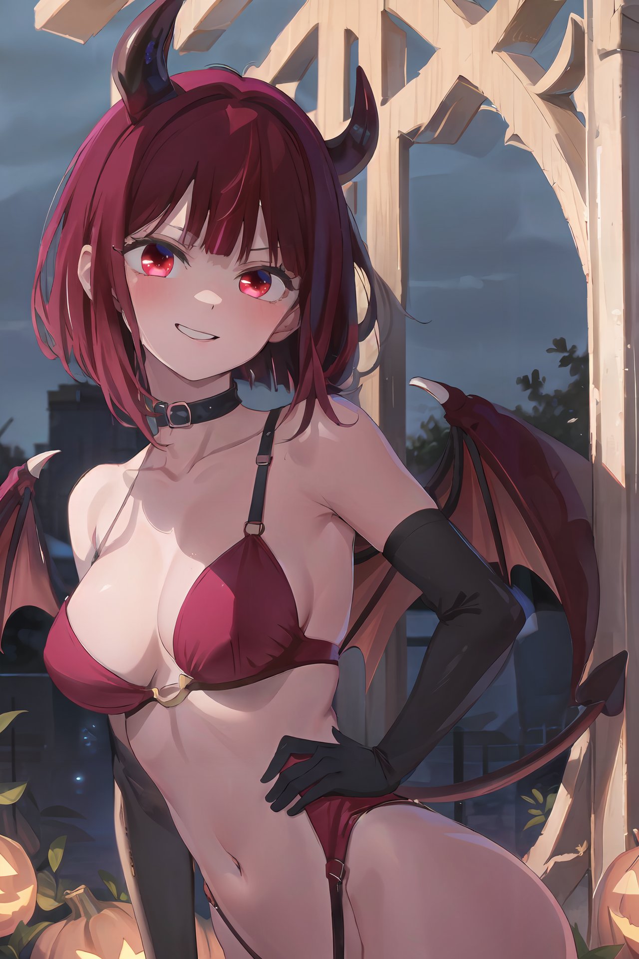 1girls, ai generated, arima kana, demon, demon girl, female, gloves, halloween, oshi no ko, red eyes, red hair, short hair, solo, stable diffusion, succubus