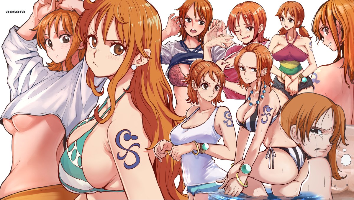 1girls angry_face annoyed_expression aosora bikini crop-top crop_top crop_top_overhang crying female female_only large_breasts lifting_shirt multiple_persona nami one_piece one_piece_film_strong_world orange_hair pearl_necklace pink_lingerie post-timeskip pre-timeskip pulling_collar tank_top time_paradox twintails underboob white_tank_top