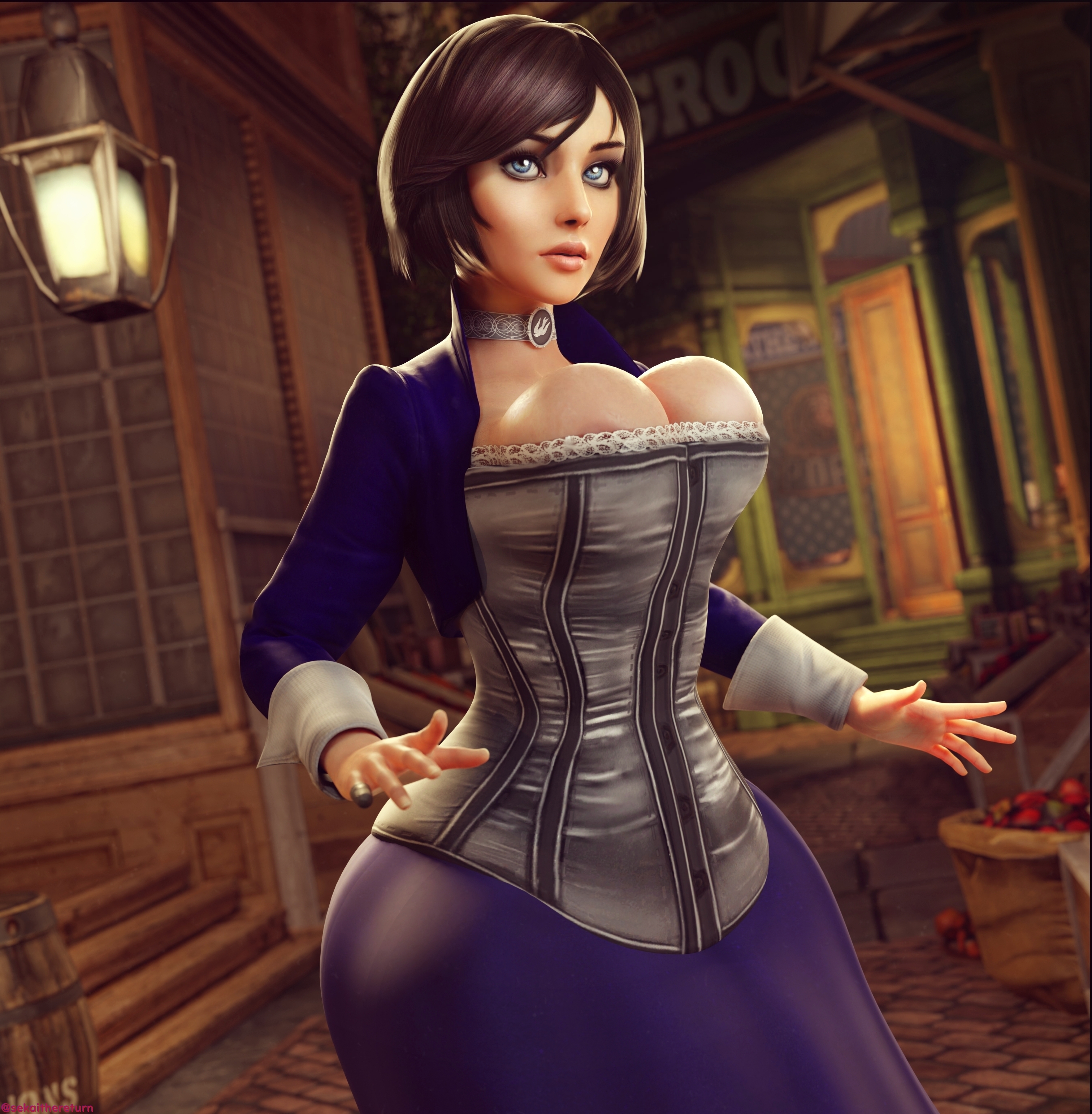 3d, areola slip, big breasts, bioshock, bioshock infinite, blue eyes, bolero, breasts, brown hair, bursting breasts, busty, choker, cleavage, corset, elizabeth comstock, female, female focus, female only, hourglass figure, large breasts, overflowing breasts, pinup, pinup pose, sekaithereturn, short hair, skirt, tagme, wide hips