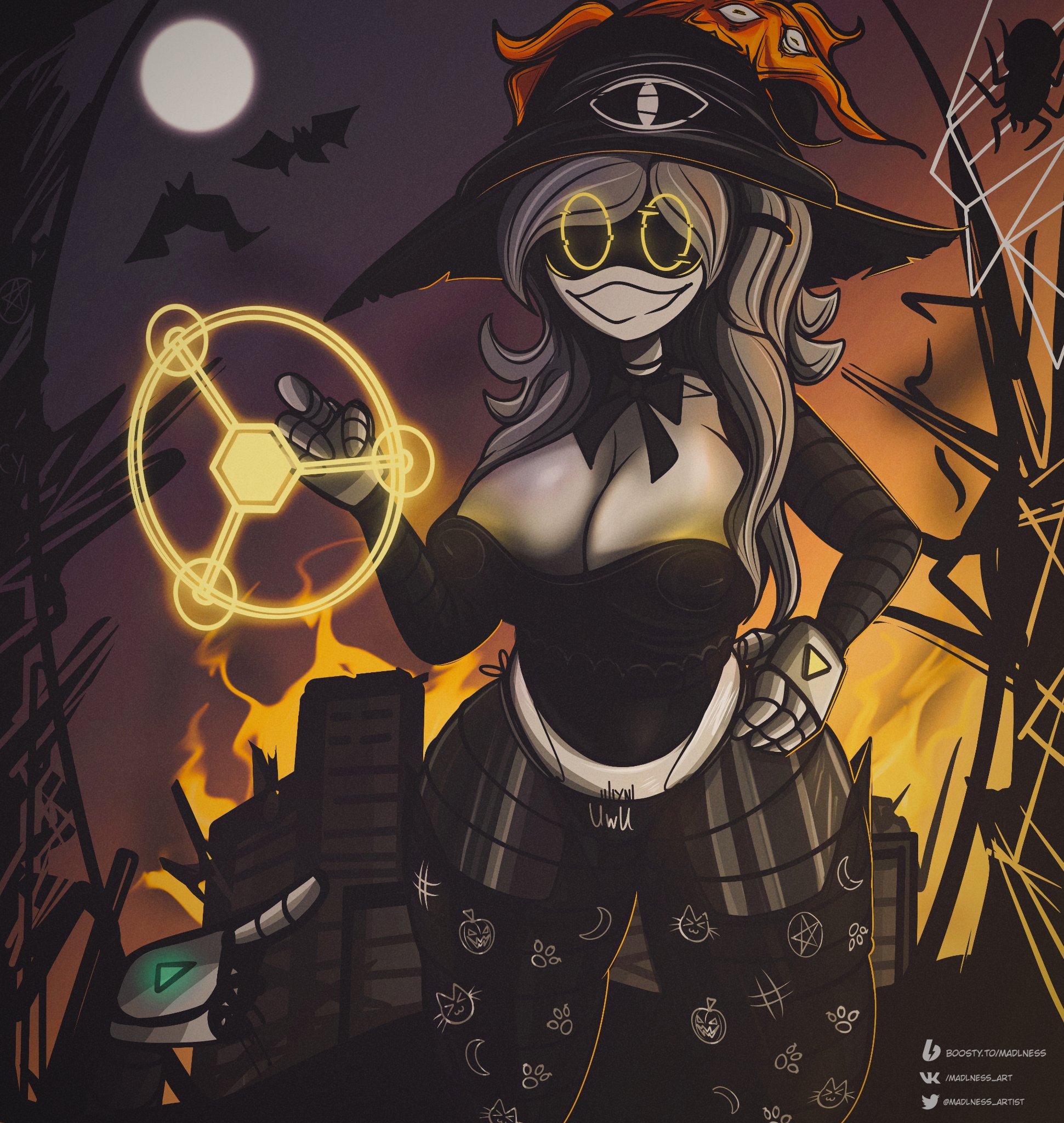 big breasts, big thighs, bow tie, breasts, clothes, crazy, crazy smile, cyn (murder drones), drone, female, female only, grey hair, halloween, halloween costume, halloween theme, huge breasts, huge thighs, long hair, madlness, murder drones, nipples visible through clothing, robot, robot girl, smile, smiling, tagme, thick thighs, uwu