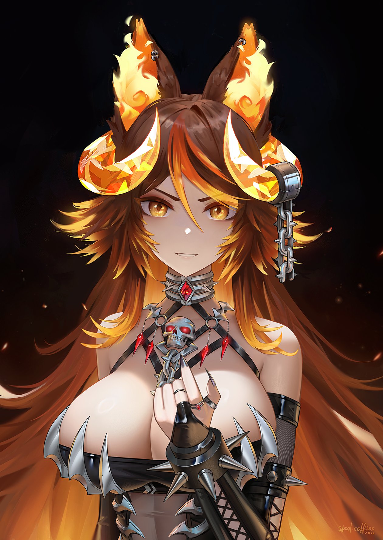 1girls animal_ears beckoning big_breasts black_outfit brown_hair chains choker cleavage deep_cleavage elbow_gloves female gems hellhound horns huge_breasts indie_virtual_youtuber large_breasts long_hair looking_at_viewer pale_skin sinder_(vtuber) sinder_(vtuber)_(2nd_costume) skull solo spiked_bracelet spiked_topwear spikes stealcoffins tummy_window very_long_hair virtual_youtuber wolf_ears wolf_girl yellow_eyes