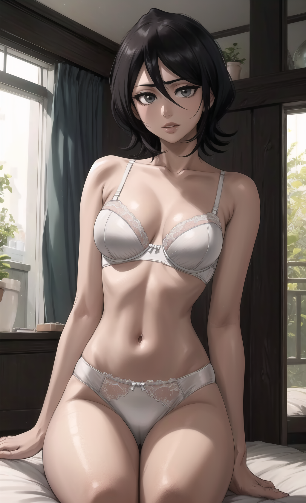 1girls, ai generated, artist request, black hair, bleach, female, kuchiki rukia, sitting, solo, underwear, white bra, white panties