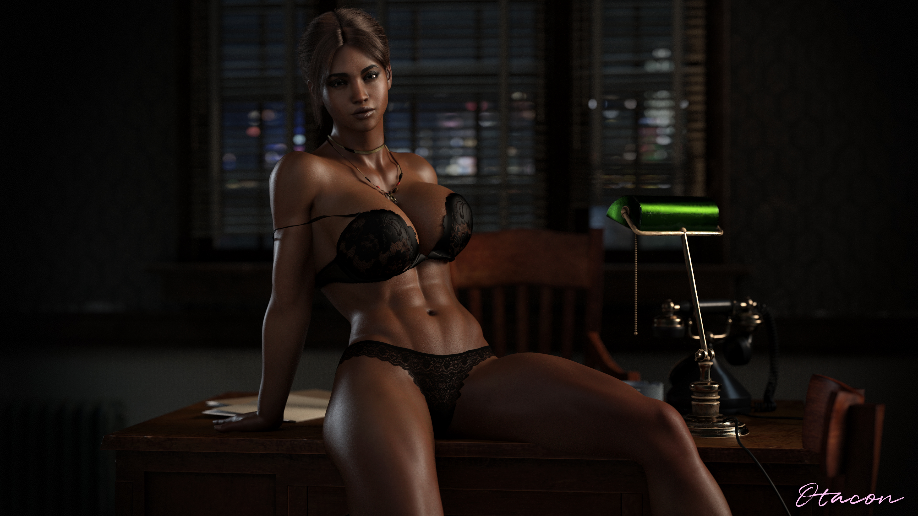 1girls, 3d, 3d (artwork), african, african female, black hair, breasts, brown body, brown skin, clothed, dark skin, dark-skinned female, exposed midriff, female, female only, female protagonist, fit, fit female, human, large breasts, lingerie, lingerie only, office, on desk, otacon212, resident evil, resident evil 5, sheva alomar, sitting, solo