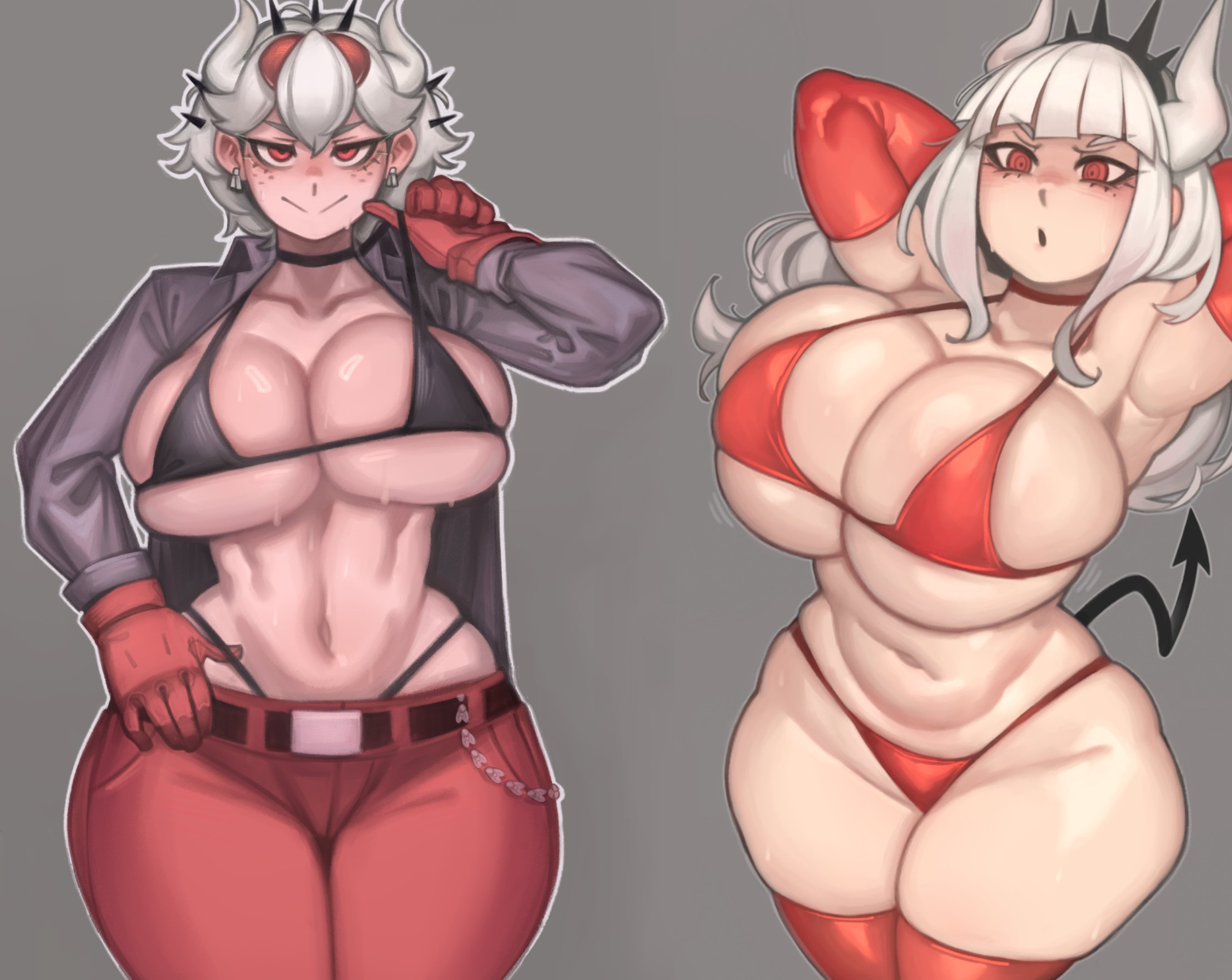 2demons, 2girls, alternate breast size, beelzebub (helltaker), bikini, breasts, demon, demon girl, demon horns, demon humanoid, demon tail, demoness, edit, female, gonzalo costa, helltaker, hi res, horns, huge breasts, kelvin hiu, long hair, lucifer (helltaker), naughty face, open shirt, pants, short hair, thick thighs, third-party edit, white hair